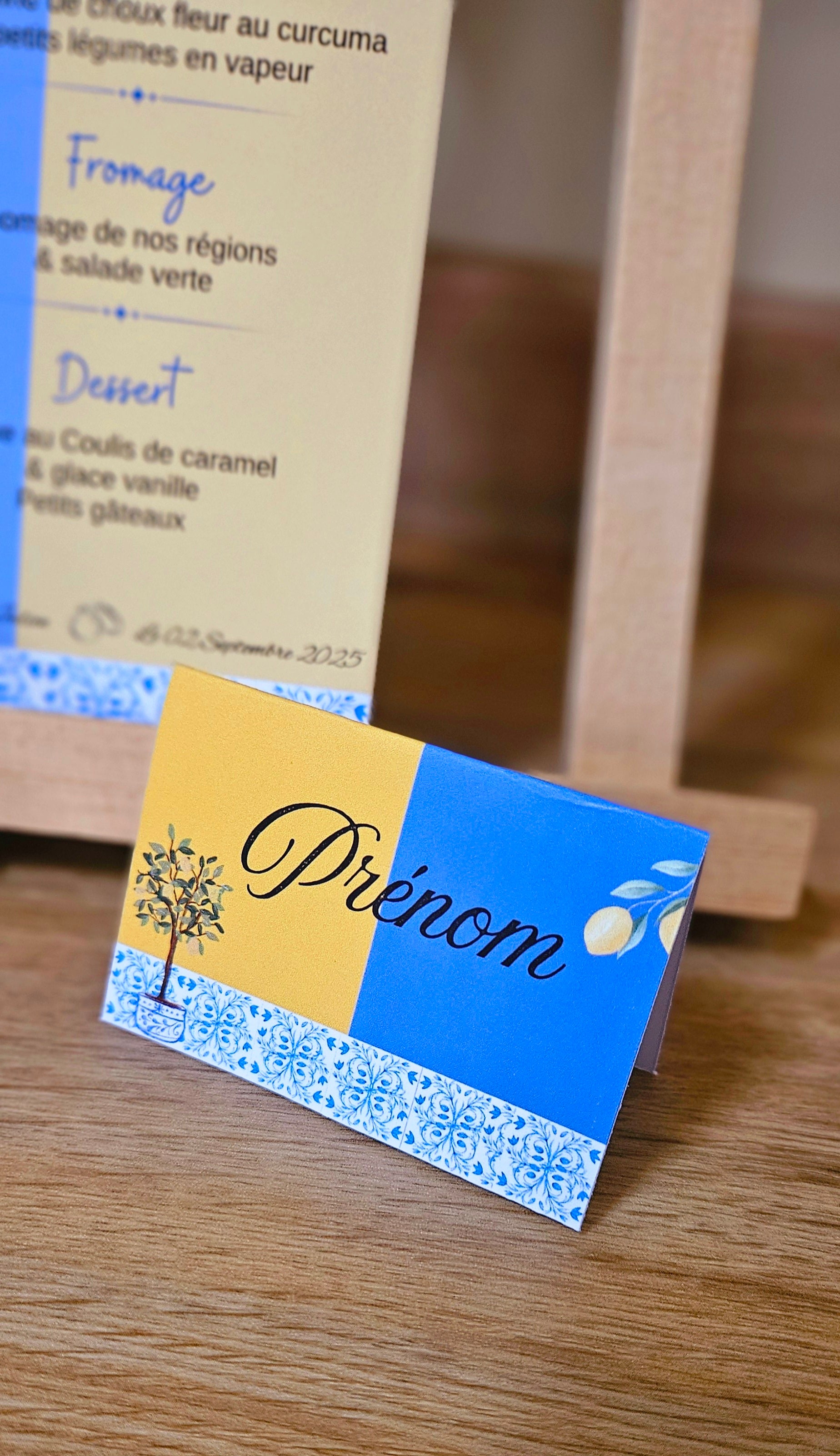 🍋 Menu de table personnalisé – Thème méditerranéen citron & azulejos | 21 x 10 cm