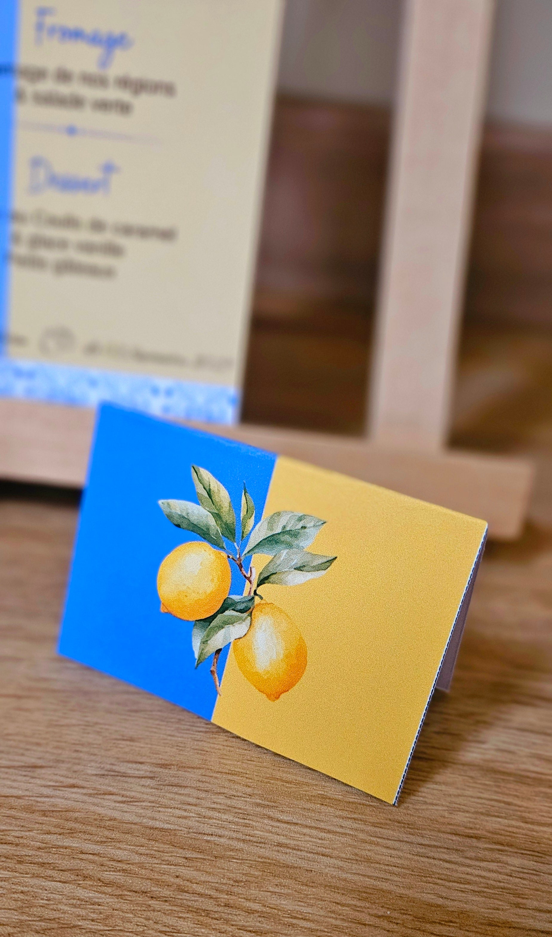 🍋 Menu de table personnalisé – Thème méditerranéen citron & azulejos | 21 x 10 cm