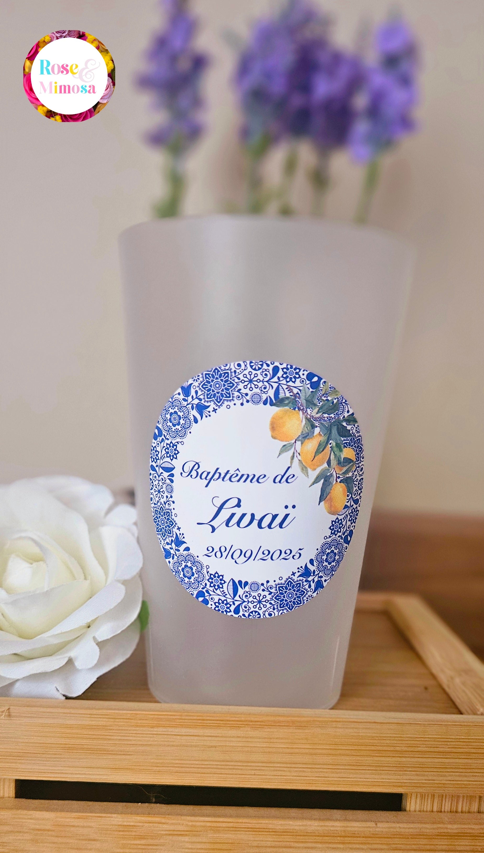 Gobelet BaptĂȘme PersonnalisĂ© â Citron & FaĂŻence Bleue (25 cl)