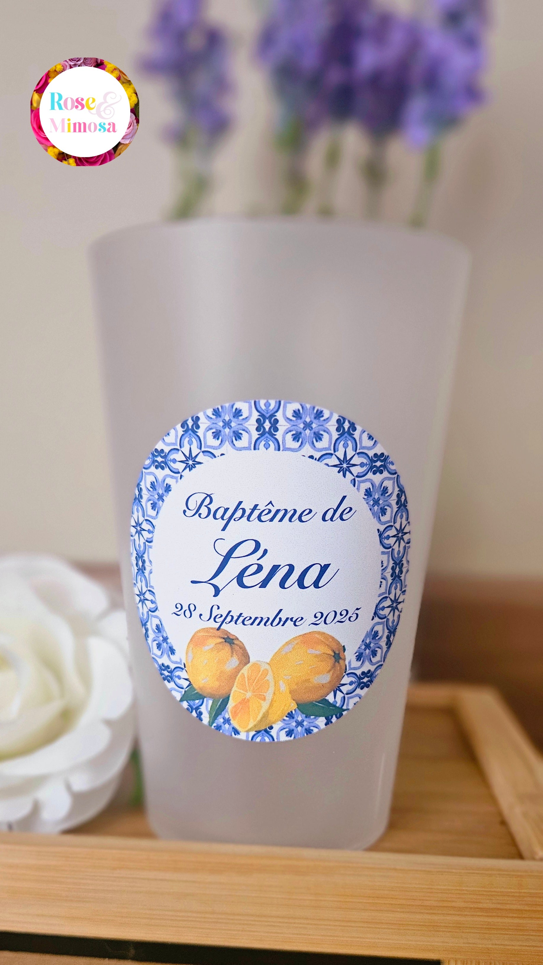 Gobelet BaptĂȘme PersonnalisĂ© â ThĂšme Dolce Vita & FaĂŻence Bleue (25 cl)