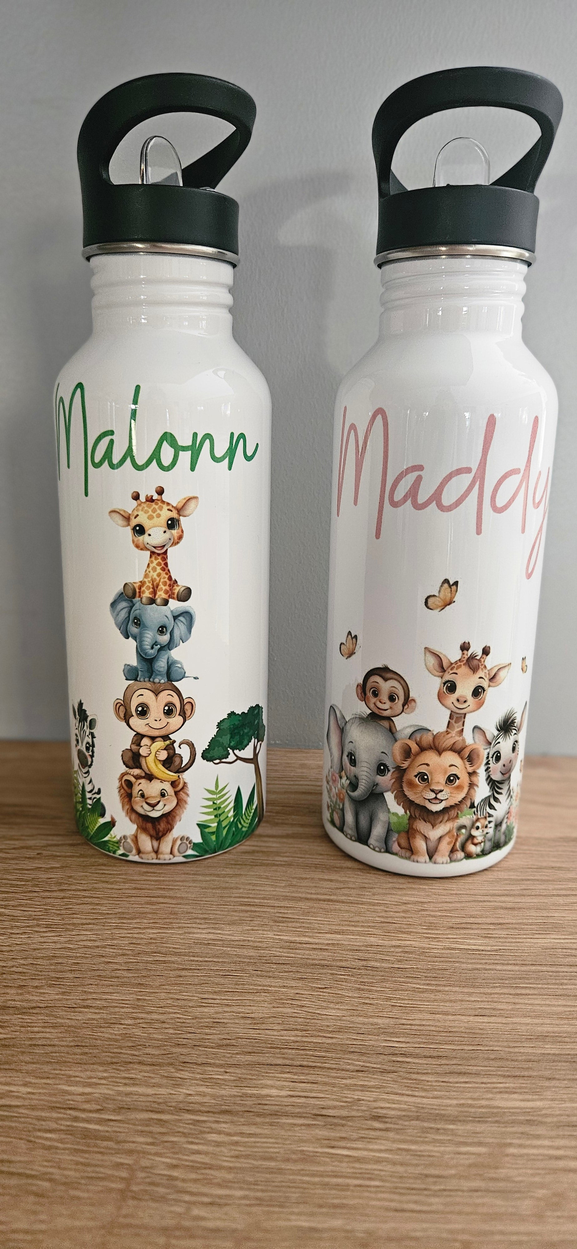 Gourde personnalisée animaux safari enfant – Gourde prénom inox 600 ml 🦁🦒