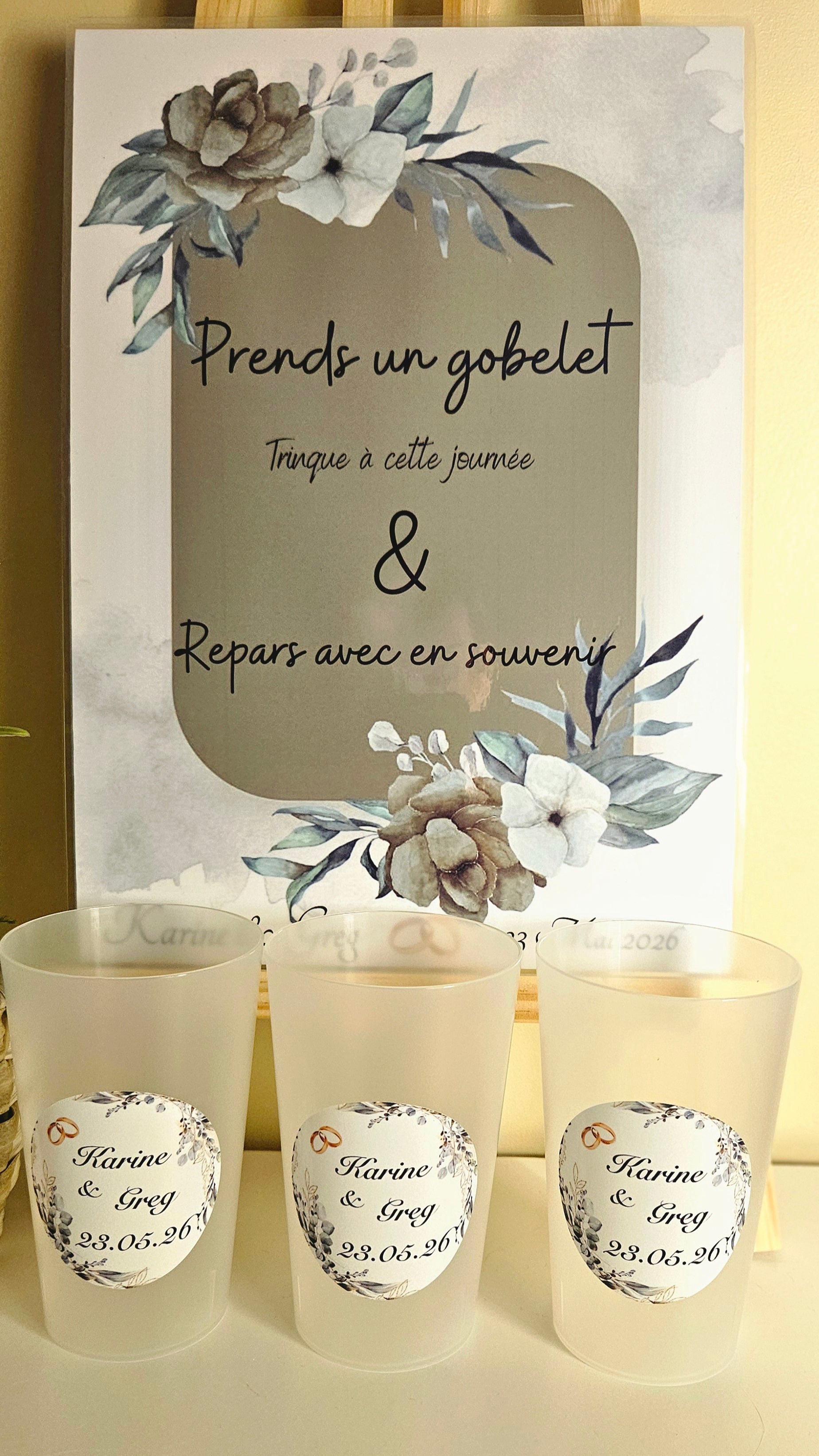 Gobelet mariage â Couronne florale eucalyptus & tons naturels đ€âš