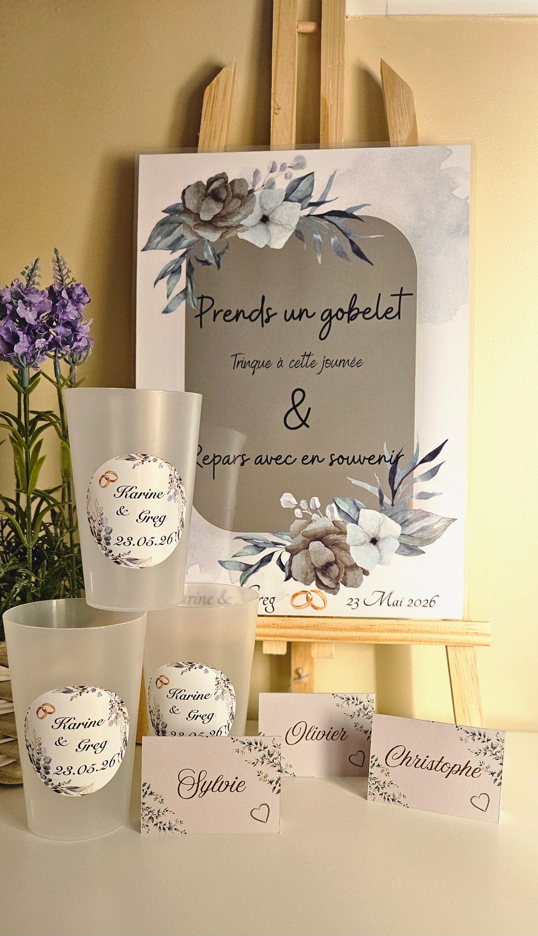 Gobelet mariage â Couronne florale eucalyptus & tons naturels đ€âš