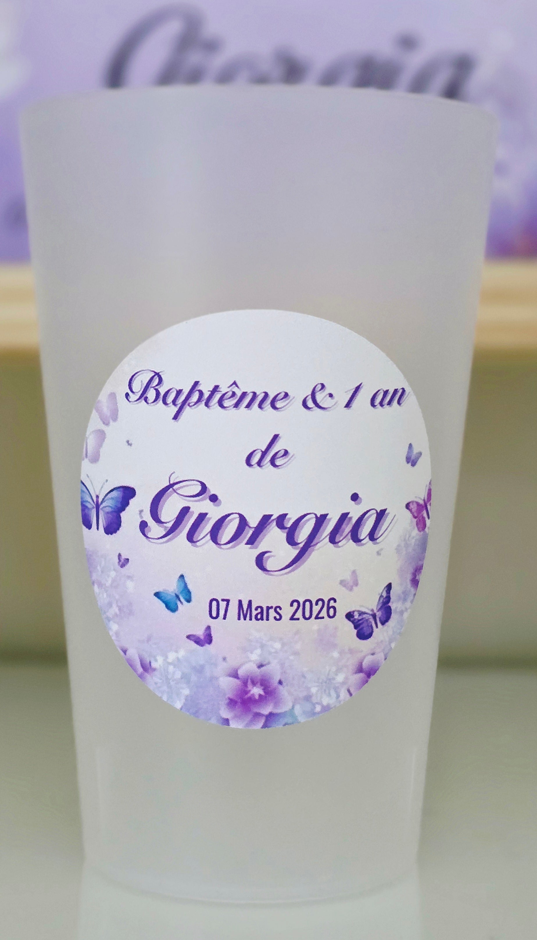 Gobelet Baptême & 1 An Personnalisé – Papillons Violets & Fleurs Lavande (25 cl)