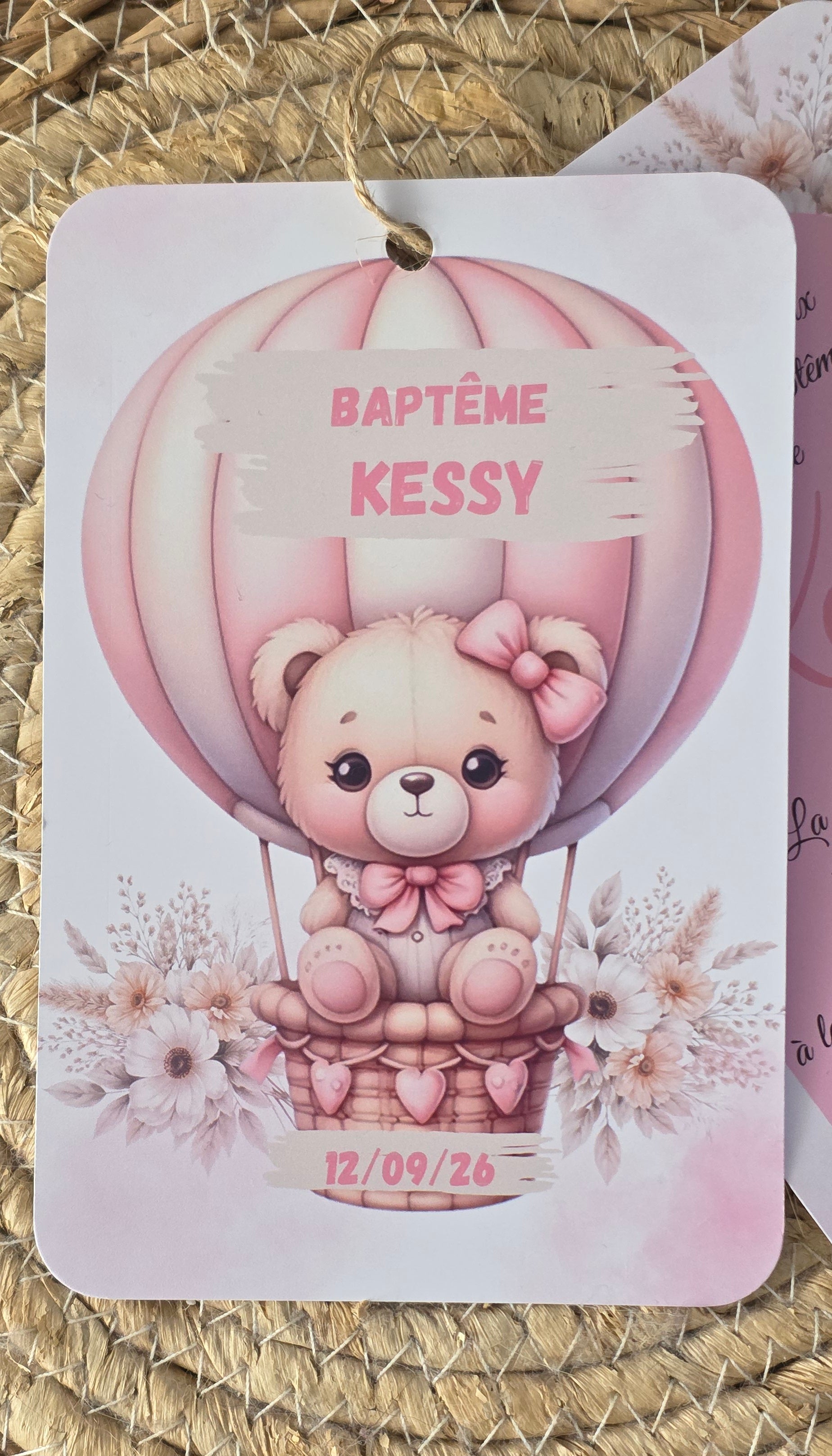 🧸 Faire-part Baptême Ourson Montgolfière – Rose Poudré – 10x15 cm – Personnalisable