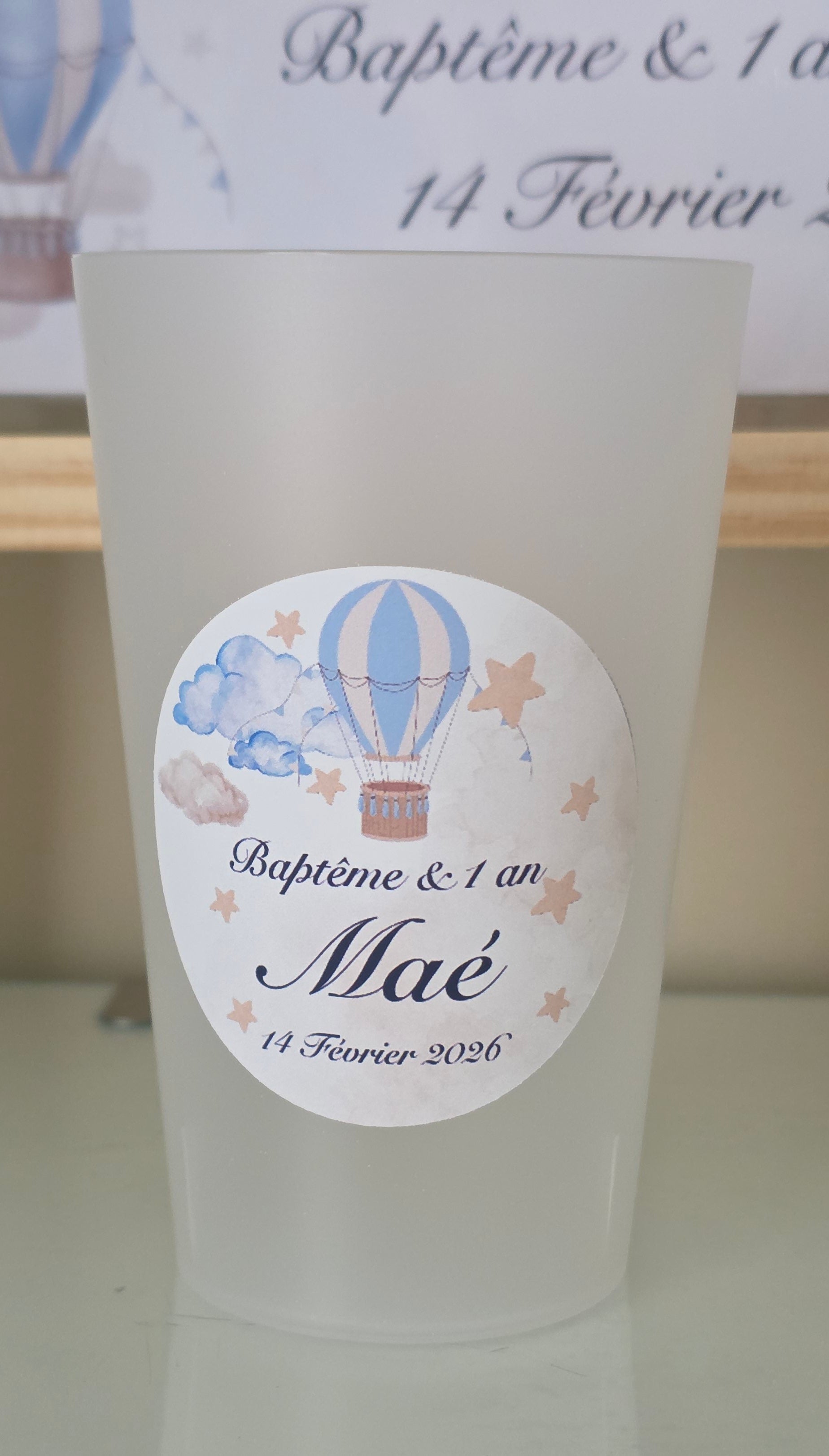 🎈 Gobelet réutilisable personnalisé baptême – Montgolfière, nuages & étoiles