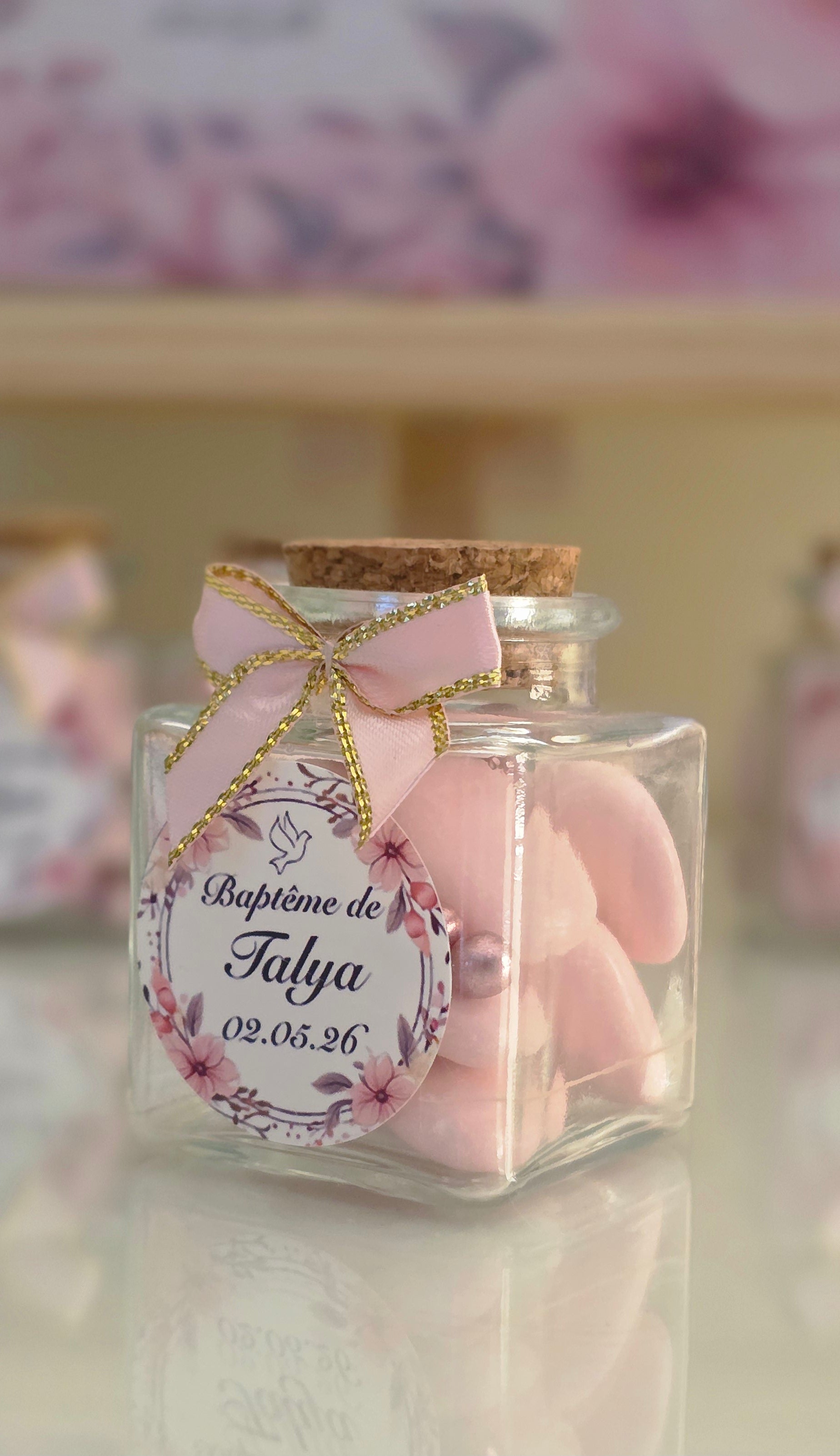 Petit contenant à dragées – Thème floral rose poudré