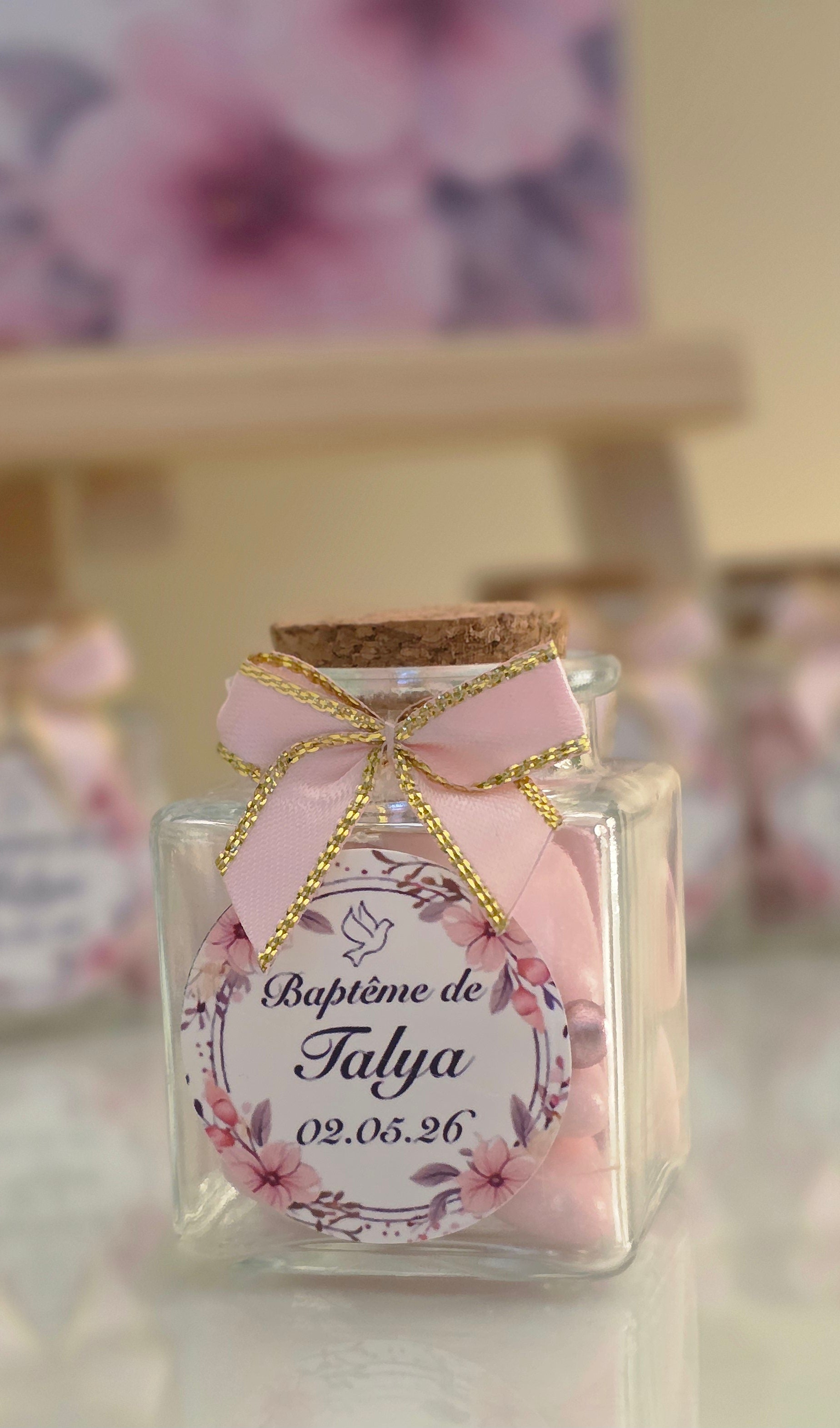 Petit contenant à dragées – Thème floral rose poudré