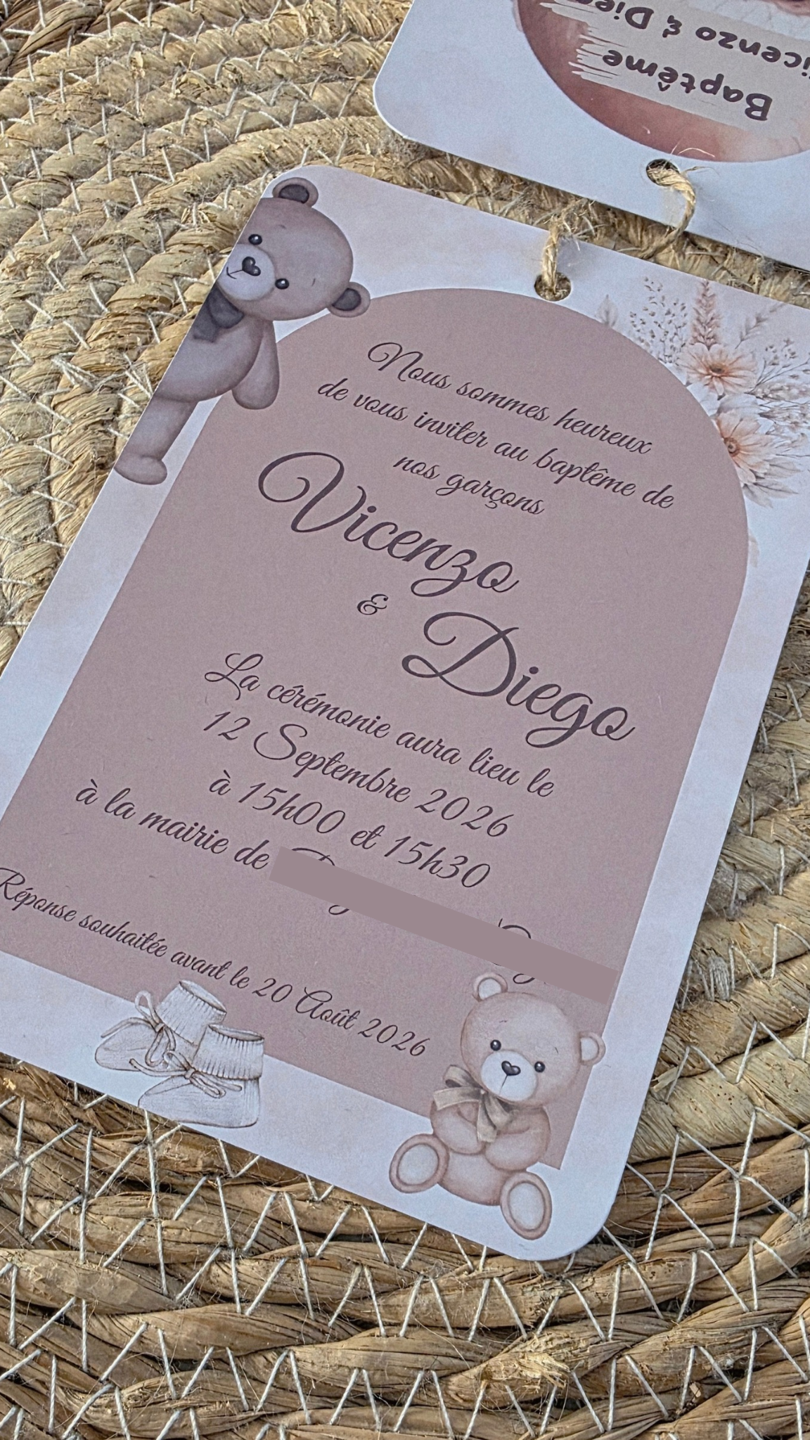 🧸 Faire-part Baptême Ourson Montgolfière – Beige / Nude – Garçon ou Jumeaux – 10x15 cm – Personnalisable