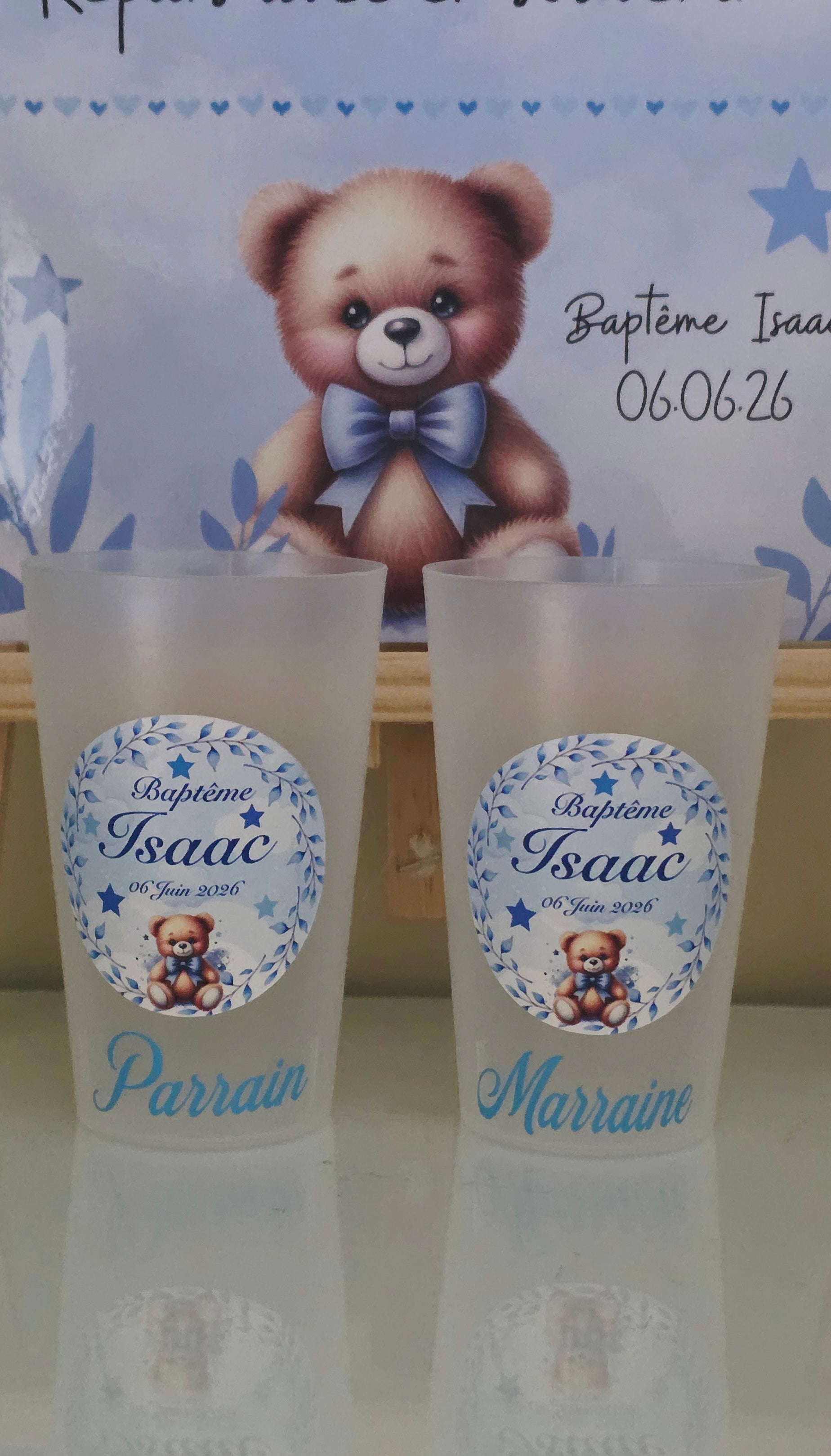 🧸 Gobelet réutilisable personnalisé baptême – Ourson bleu & parrain
