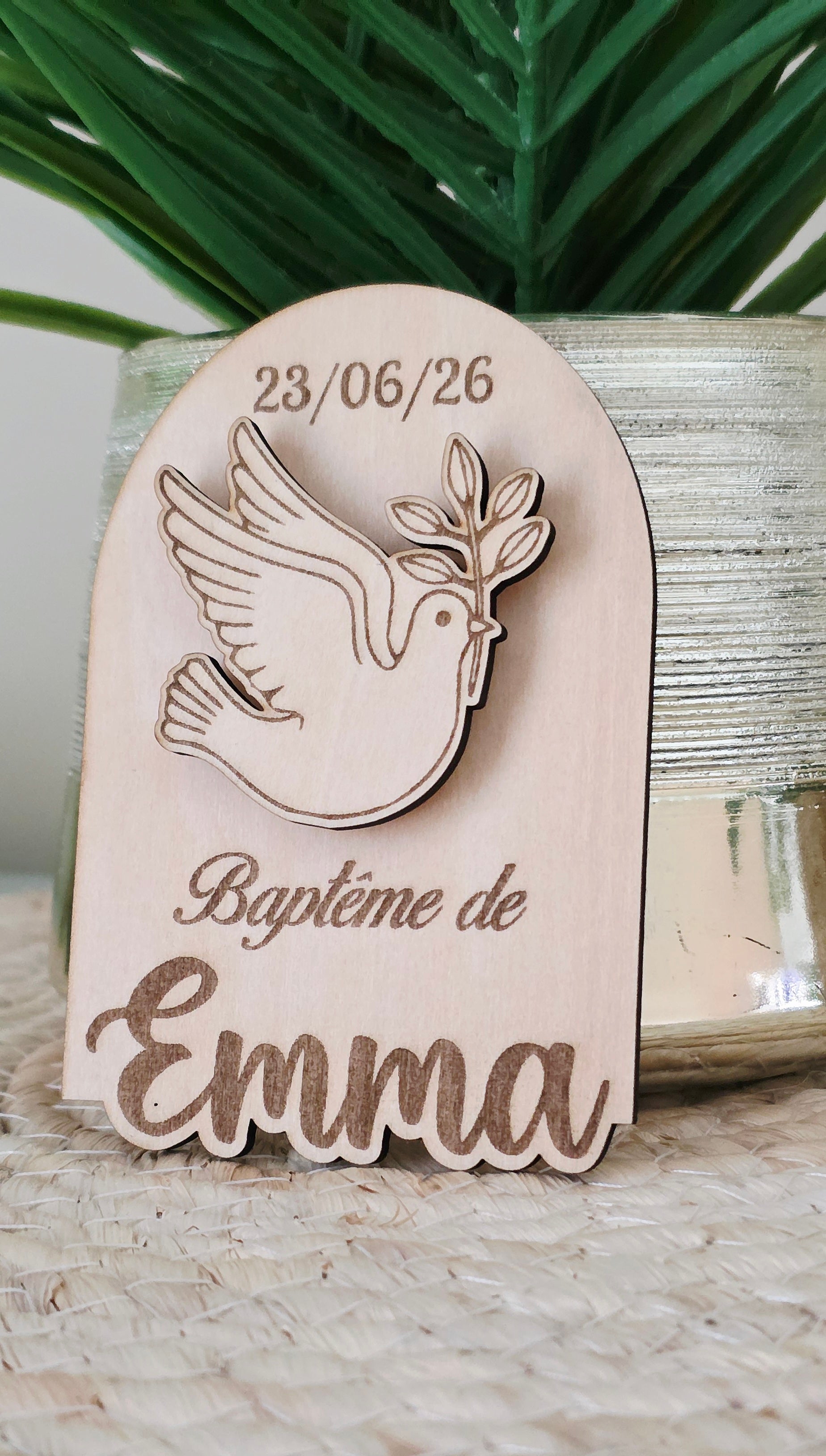 🧲 Magnet Baptême Colombe en Bois Personnalisé