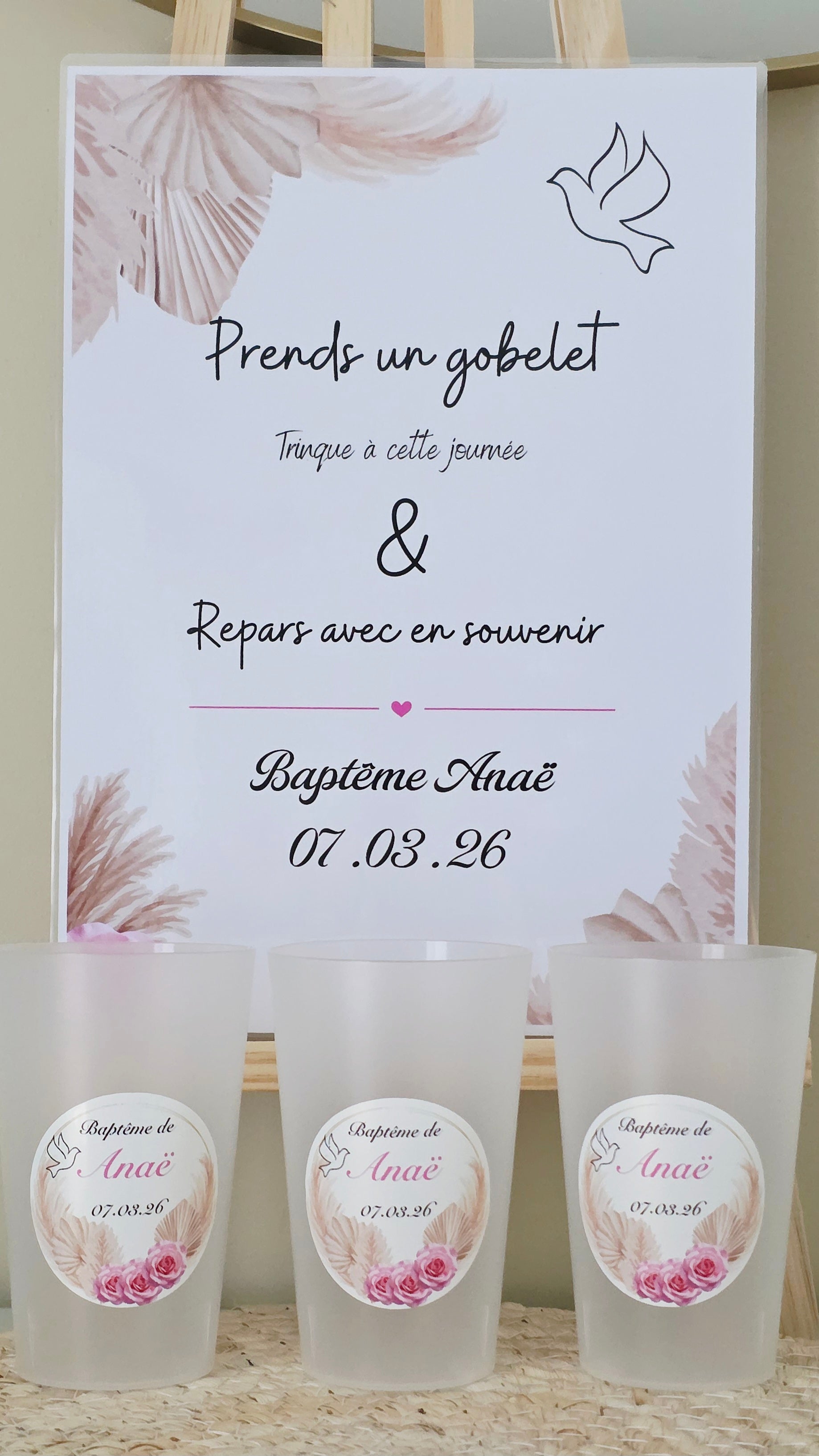 🌸🌾 Gobelet baptême personnalisé – Bohème rose & pampas