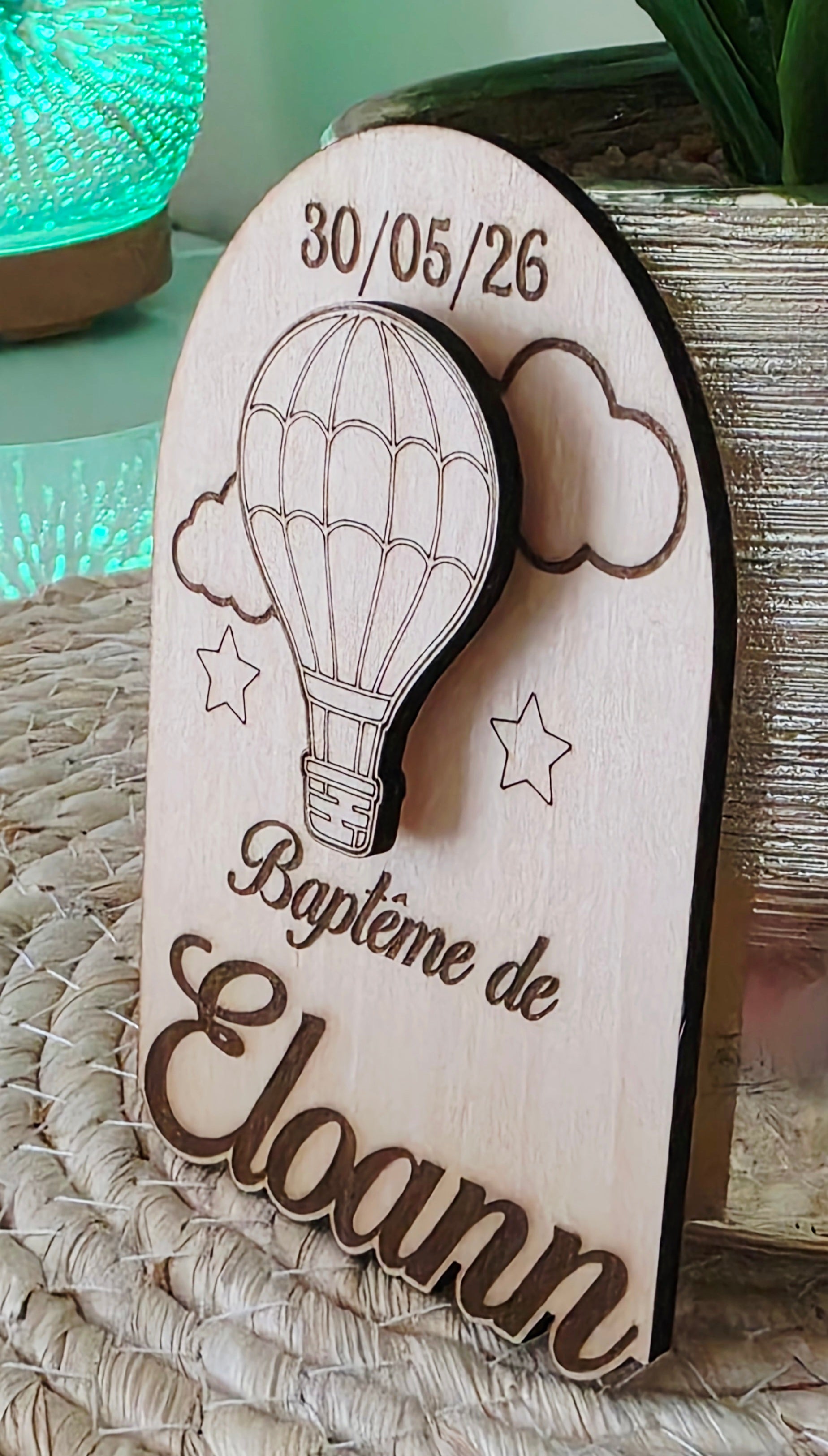 🧲 Magnet Baptême Montgolfière en Bois Personnalisé