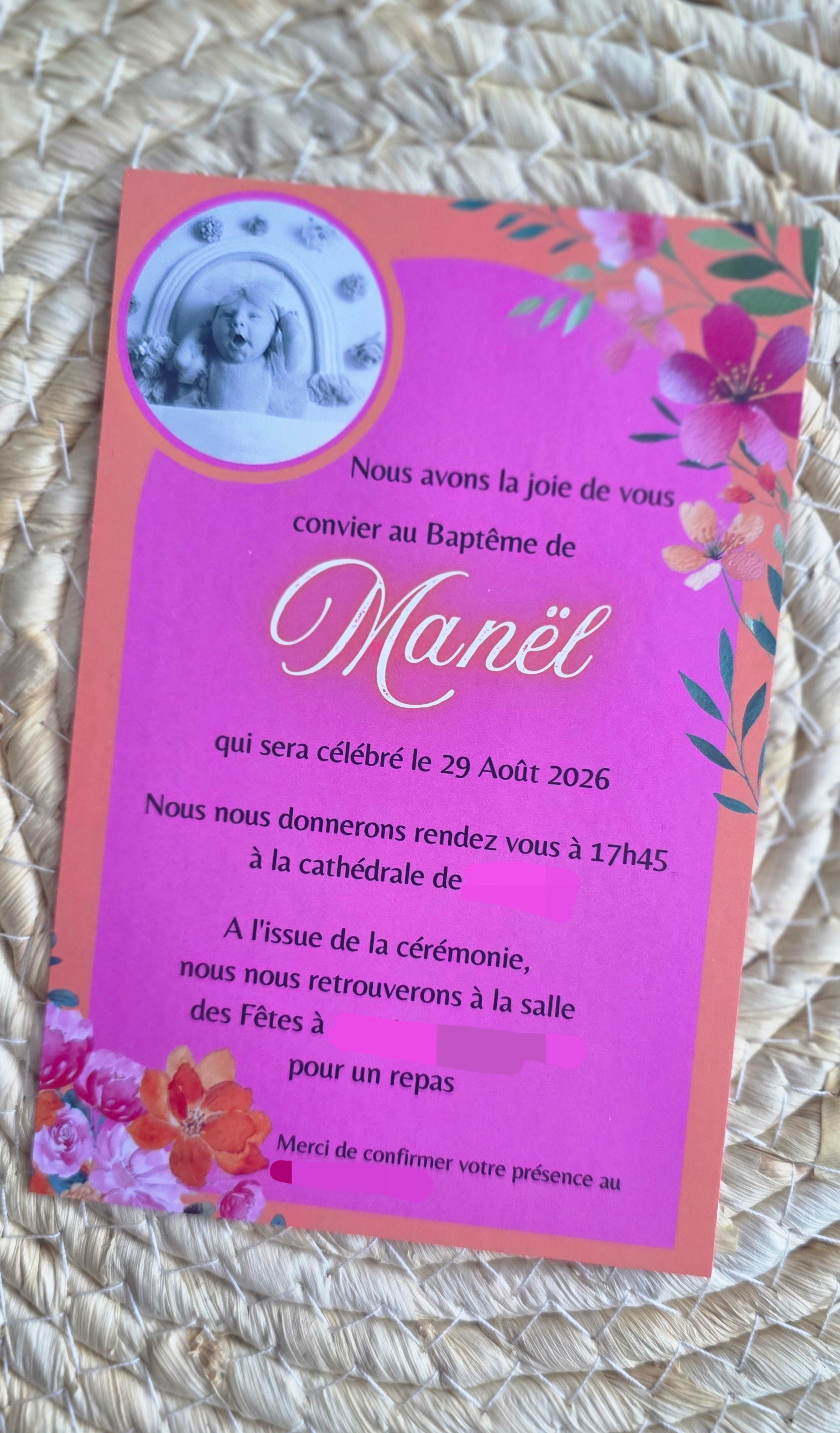 Faire-part de baptême floral rose personnalisé avec photo – Élégance et douceur