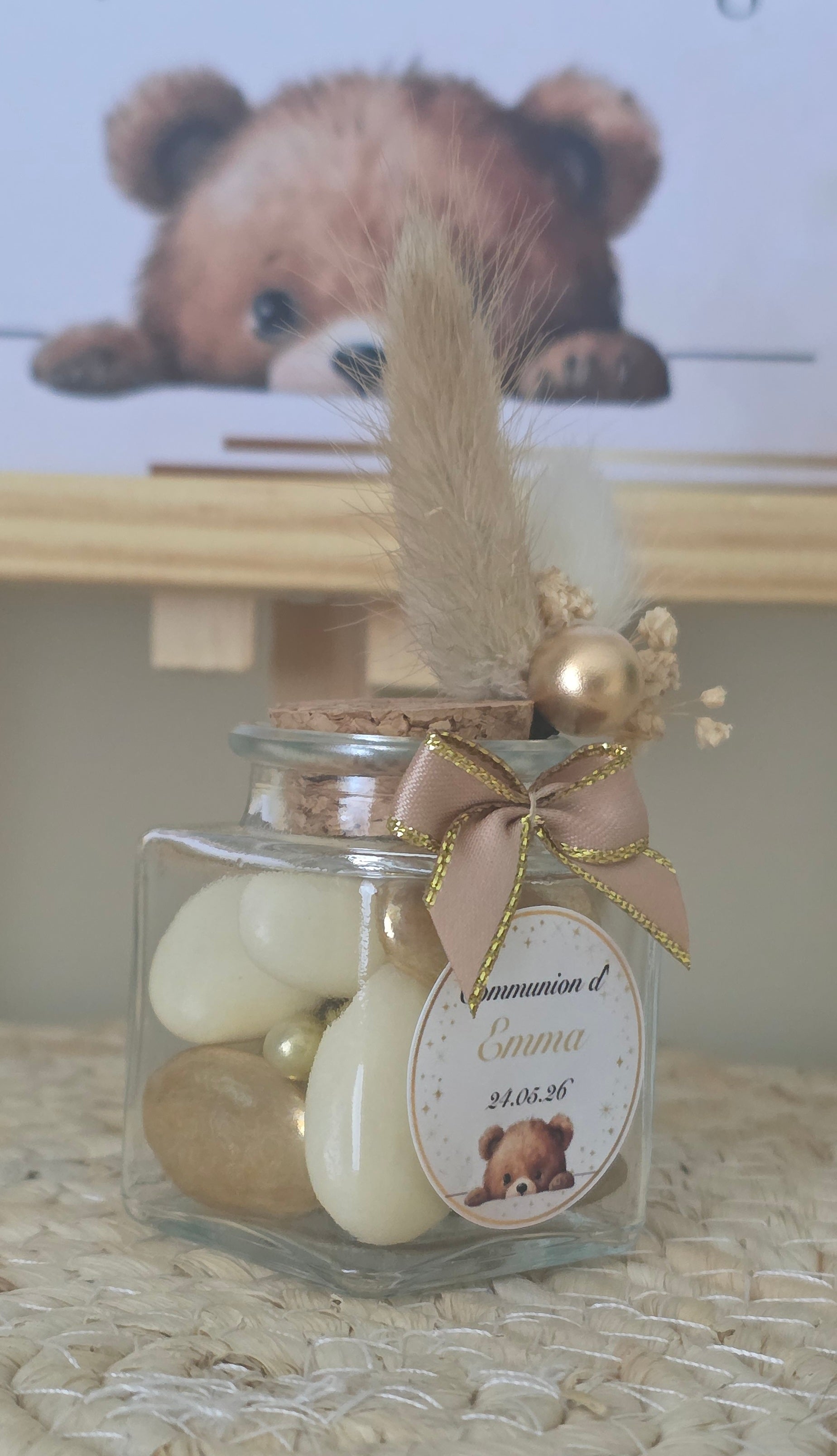 Contenant à dragées ourson – Petit pot en verre personnalisé