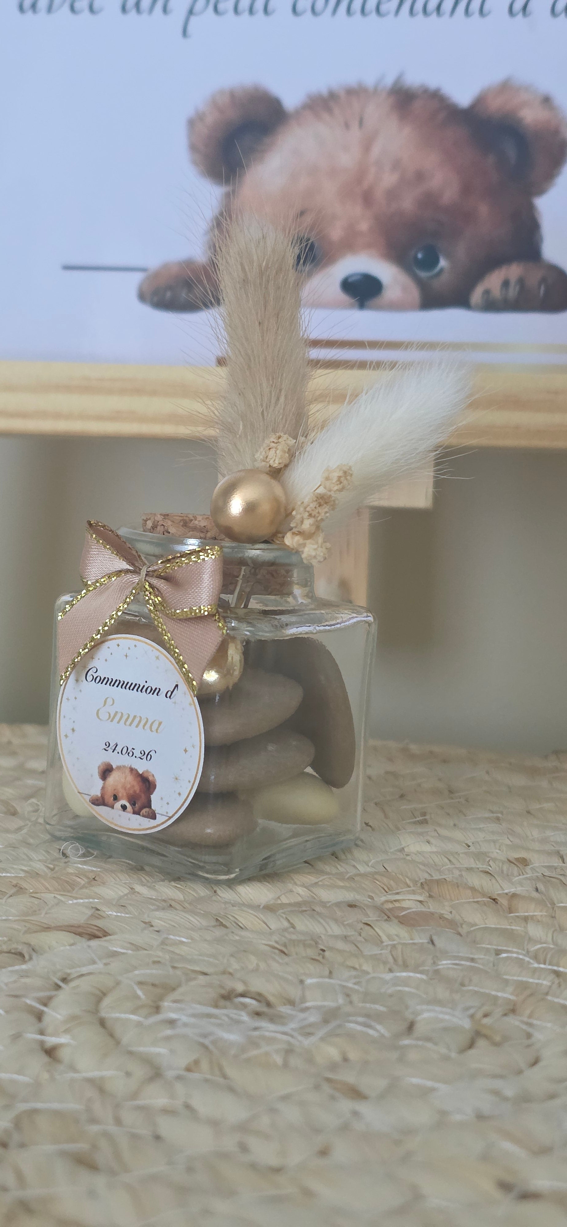 Contenant à dragées ourson – Petit pot en verre personnalisé