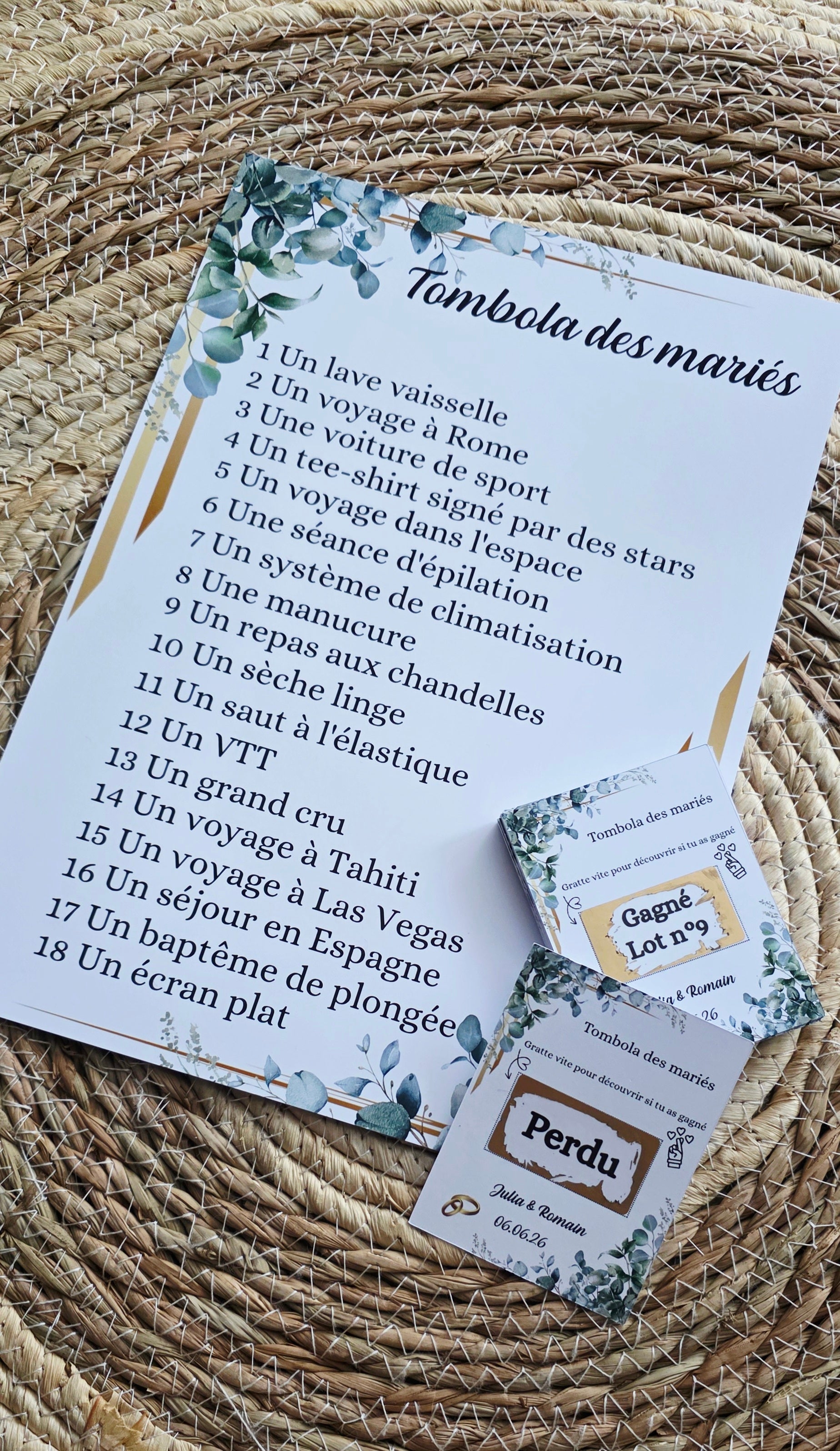 Jeu tombola des mariés à gratter – Animation mariage avec tickets personnalisés