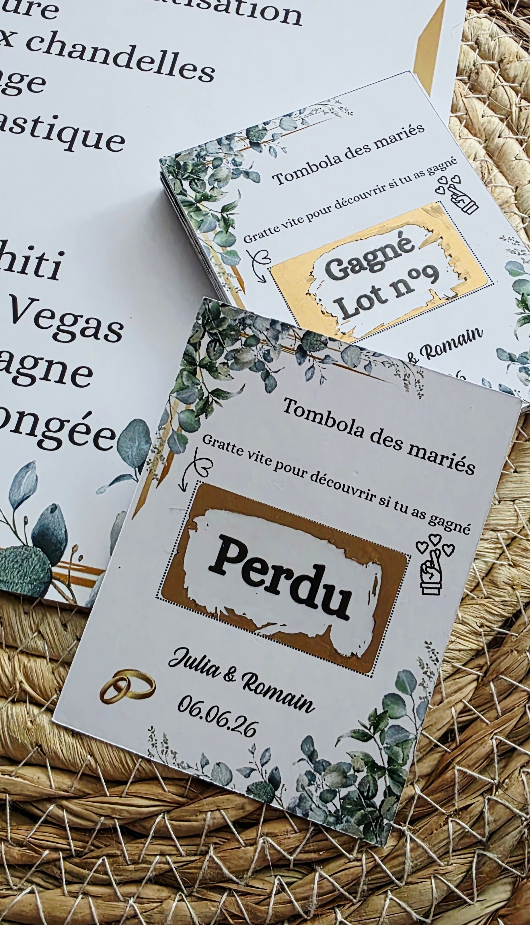 Jeu tombola des mariés à gratter – Animation mariage avec tickets personnalisés