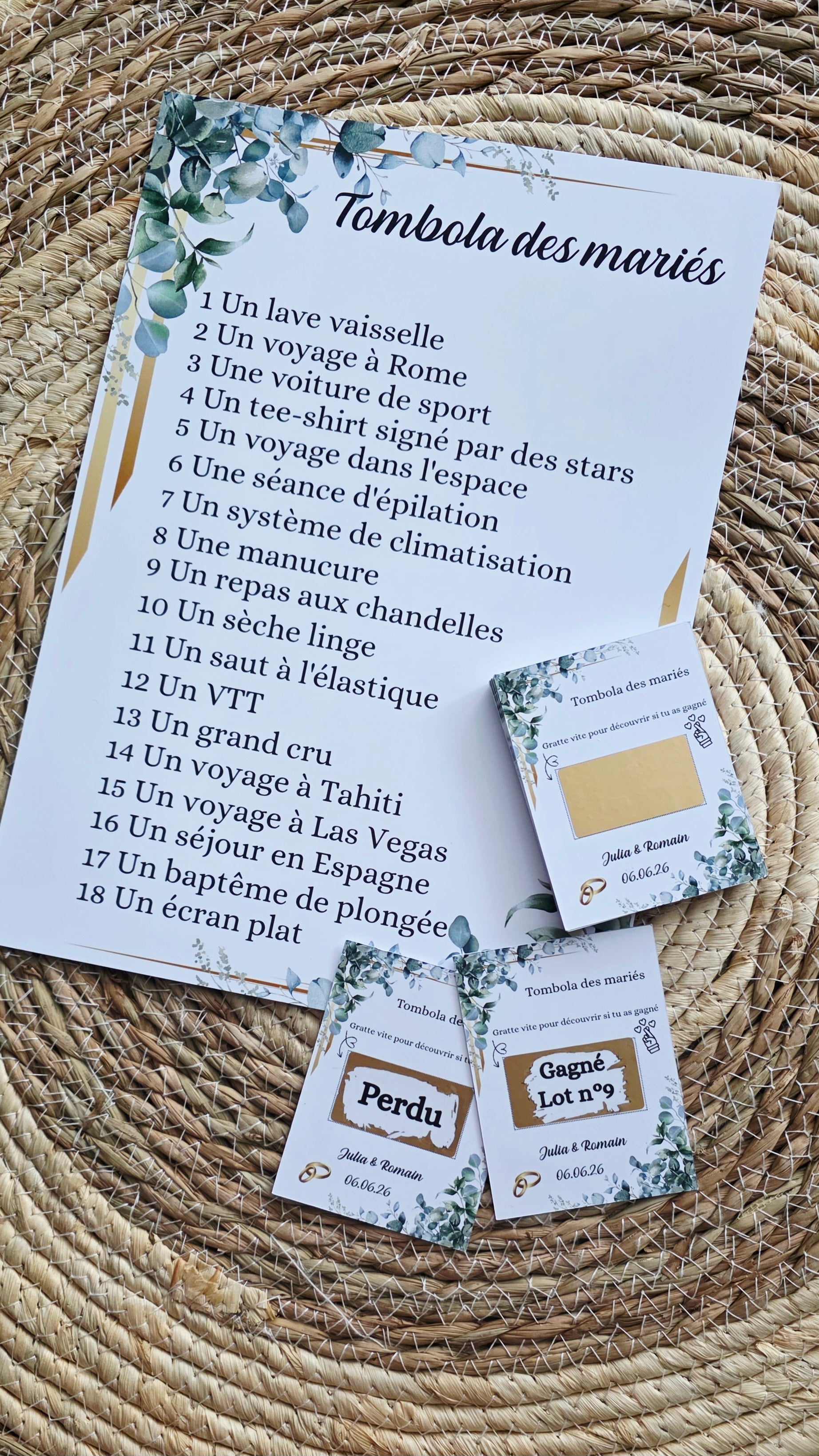 Jeu tombola des mariés à gratter – Animation mariage avec tickets personnalisés