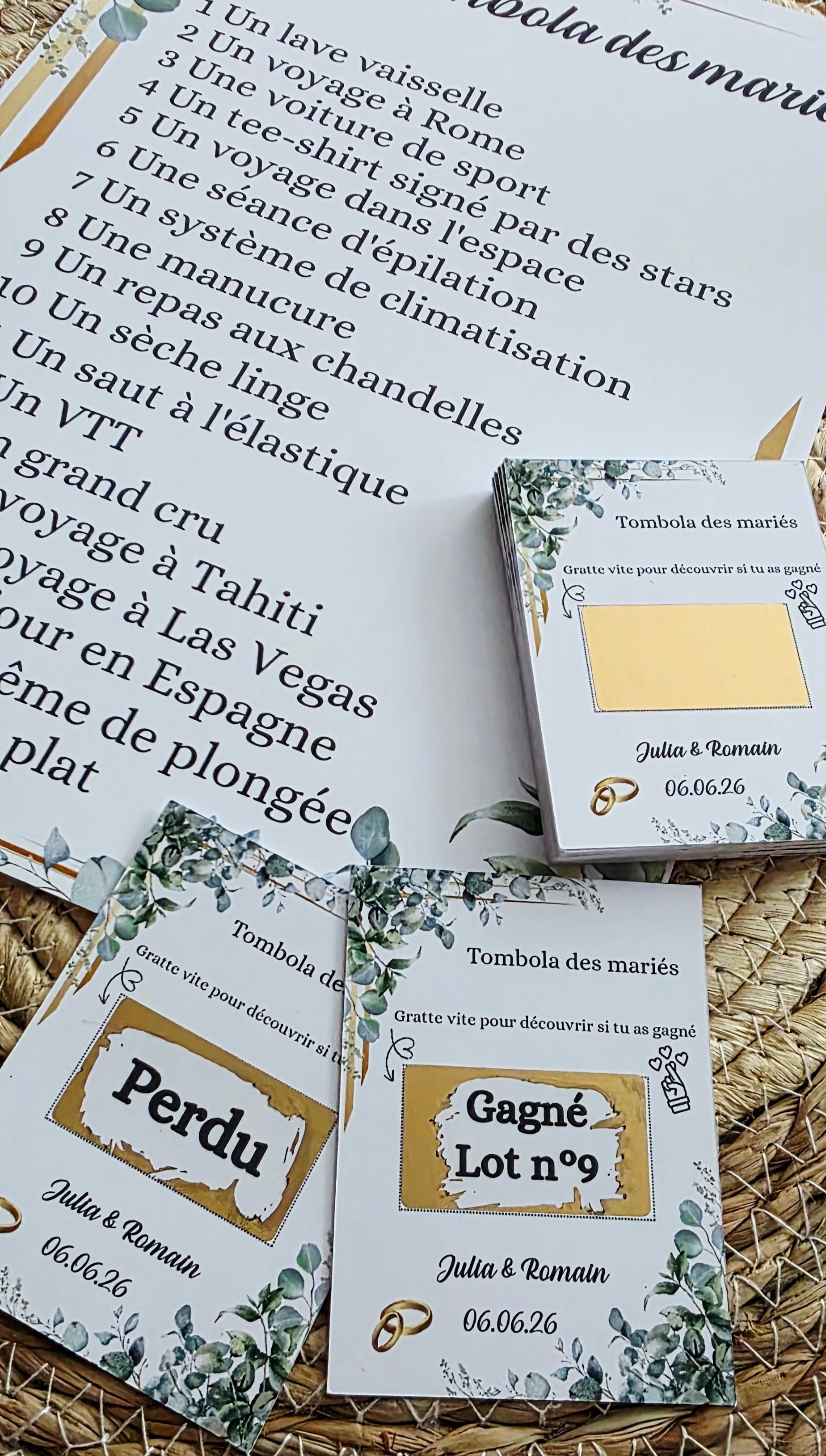 Jeu tombola des mariés à gratter – Animation mariage avec tickets personnalisés