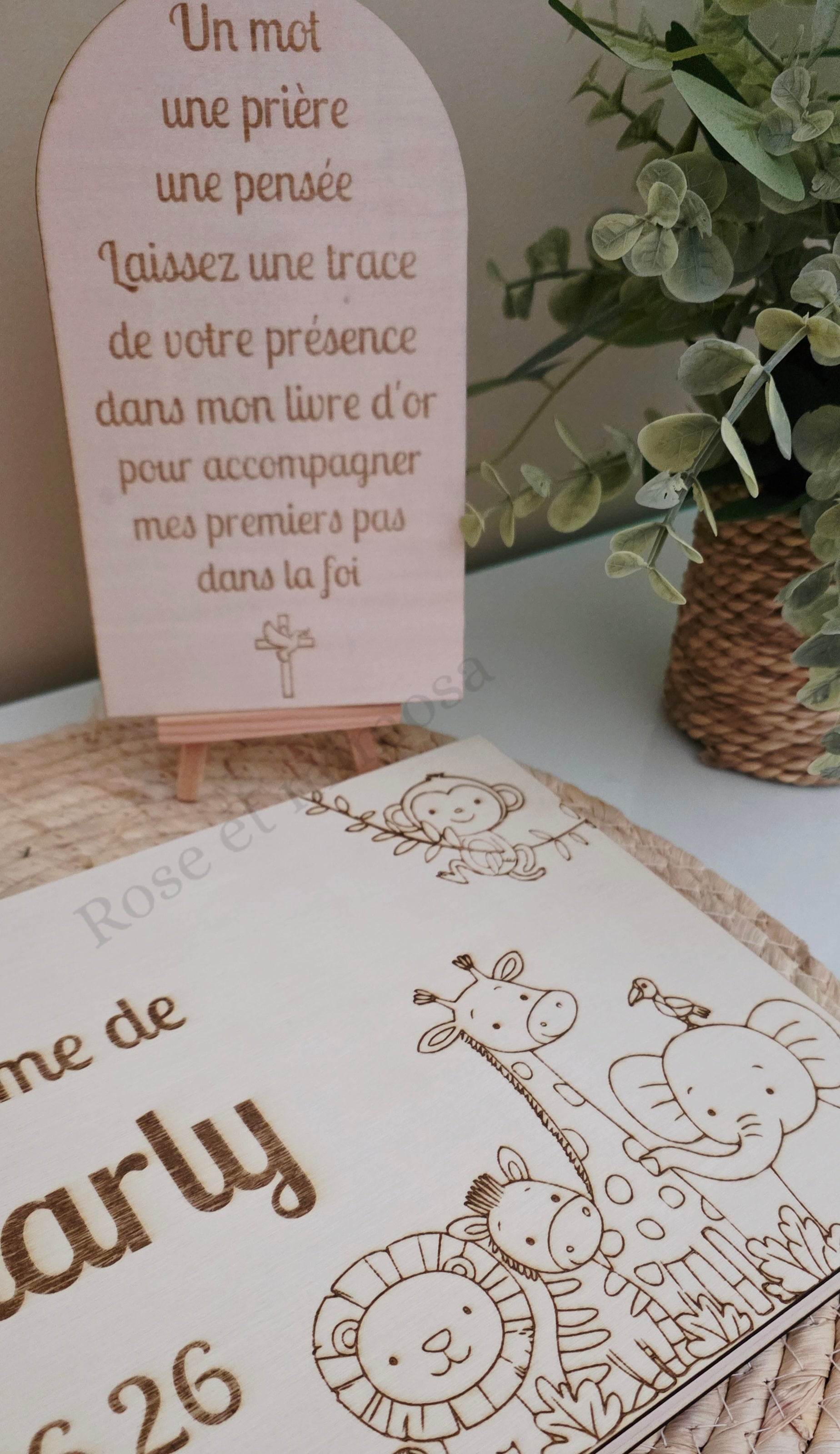 Livre d’or baptême personnalisé animaux savane – Livre d’or baptême bois A4