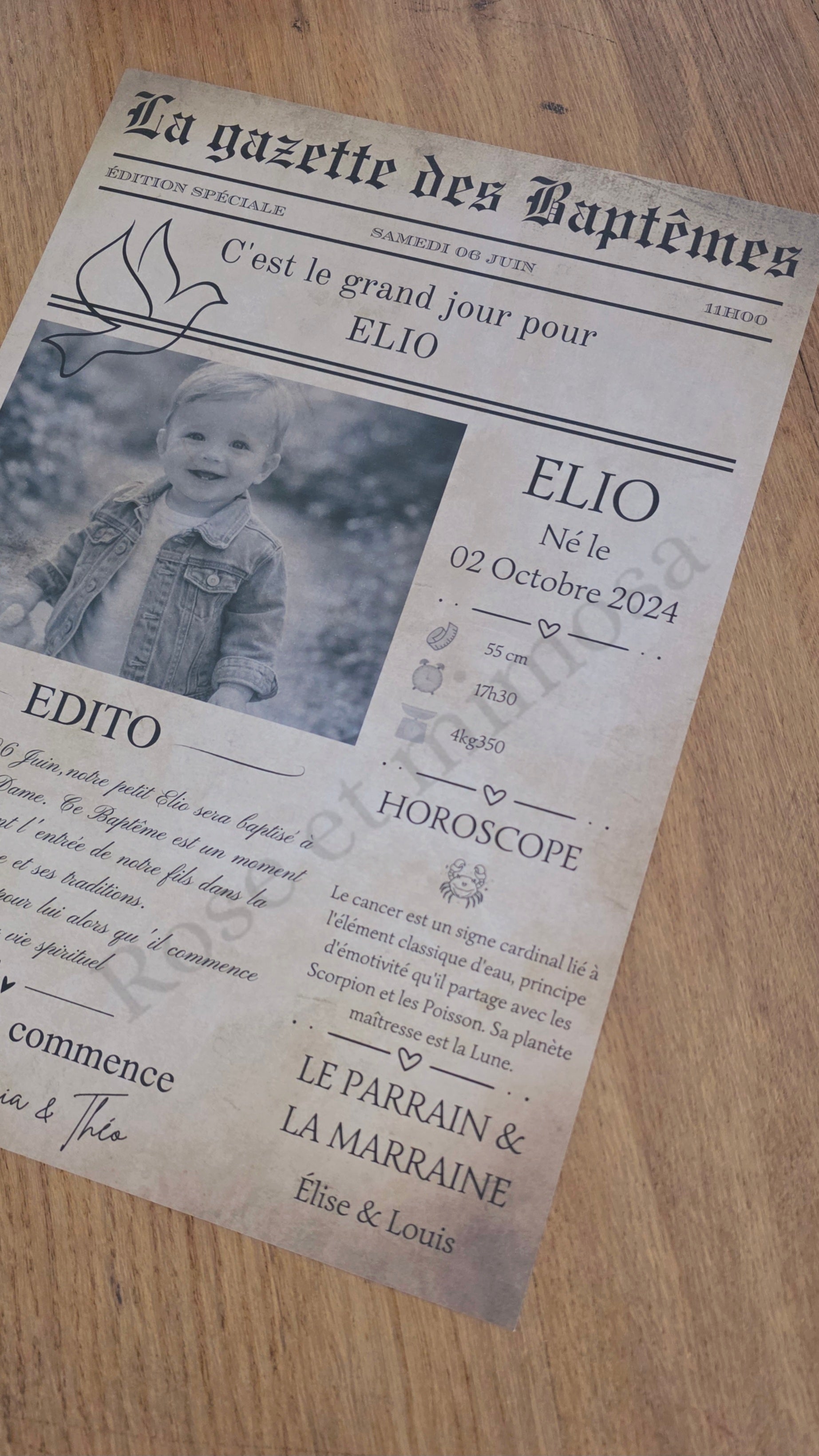 Gazette de baptême personnalisée – Journal souvenir baptême enfant