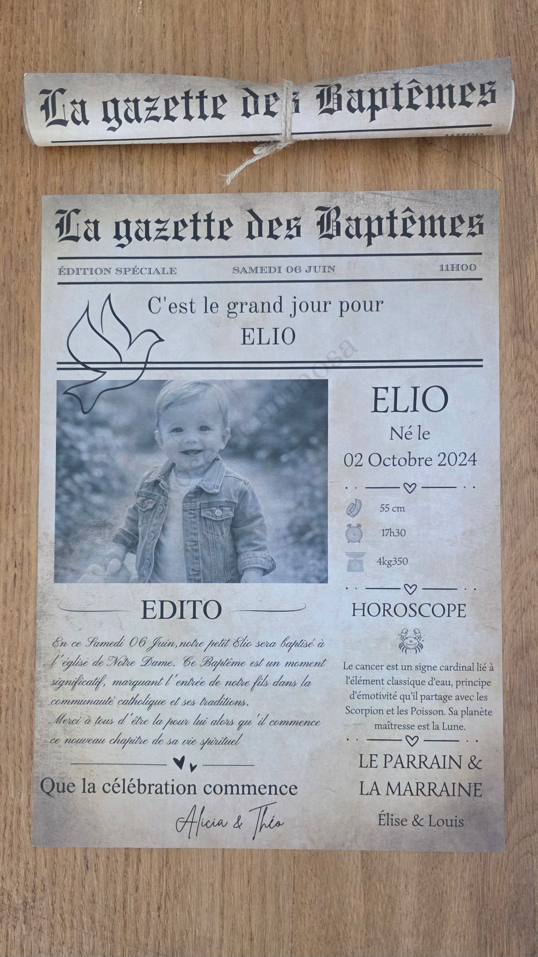 Gazette de baptême personnalisée – Journal souvenir baptême enfant