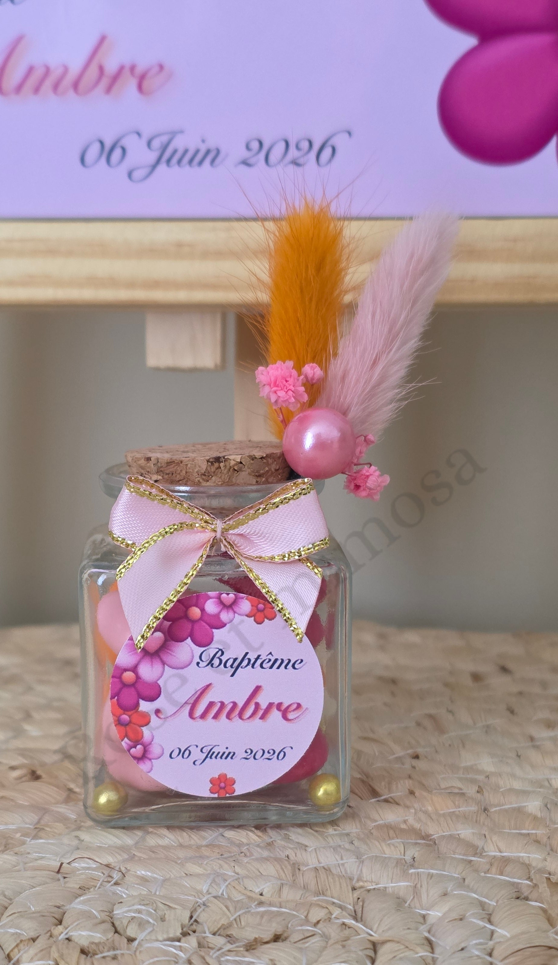 Contenant à dragées fleurs colorées – Petit pot en verre personnalisé rose et orange