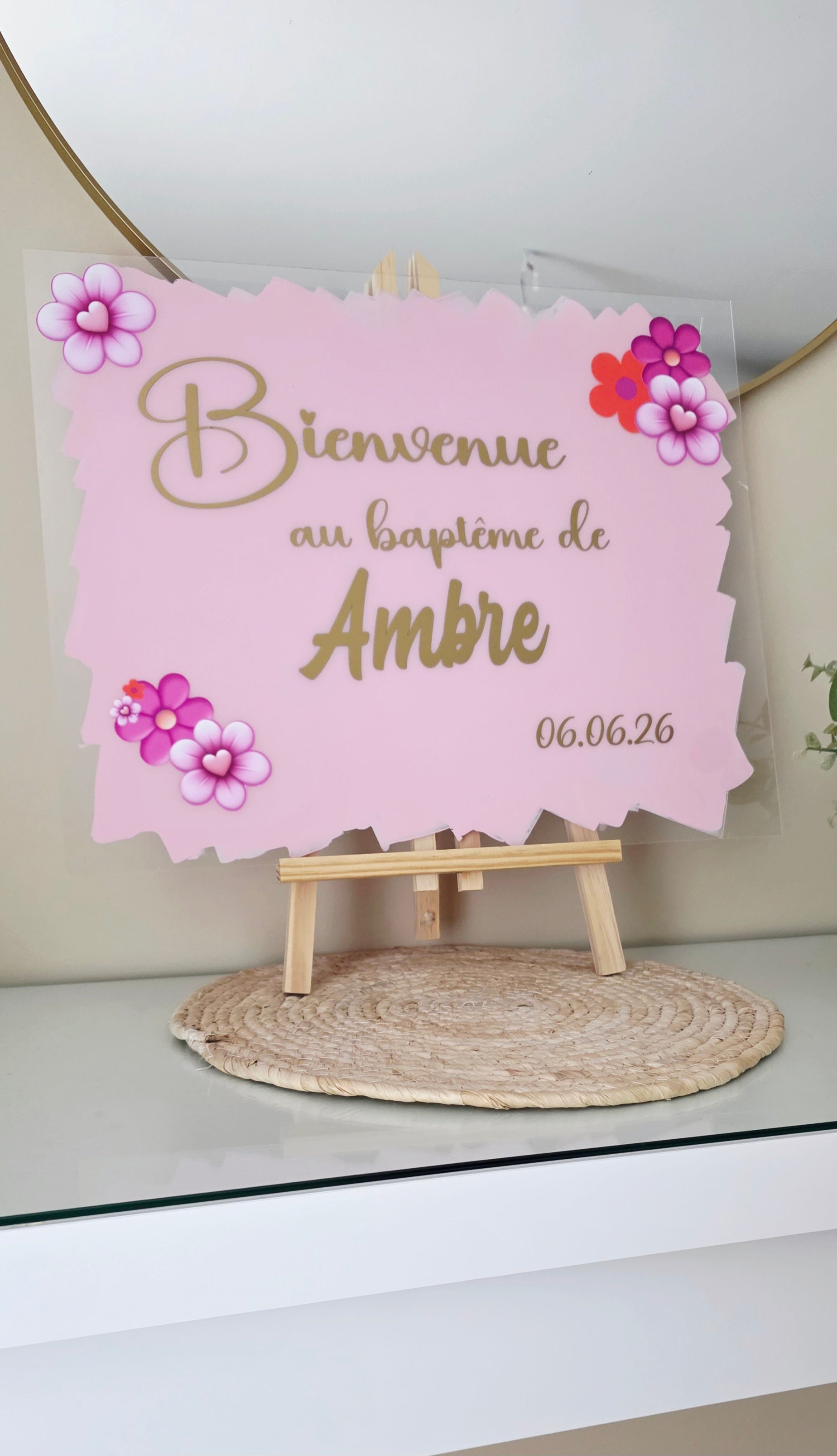 Panneau de bienvenue baptême en plexiglas personnalisé – Design floral chic 40x50 cm