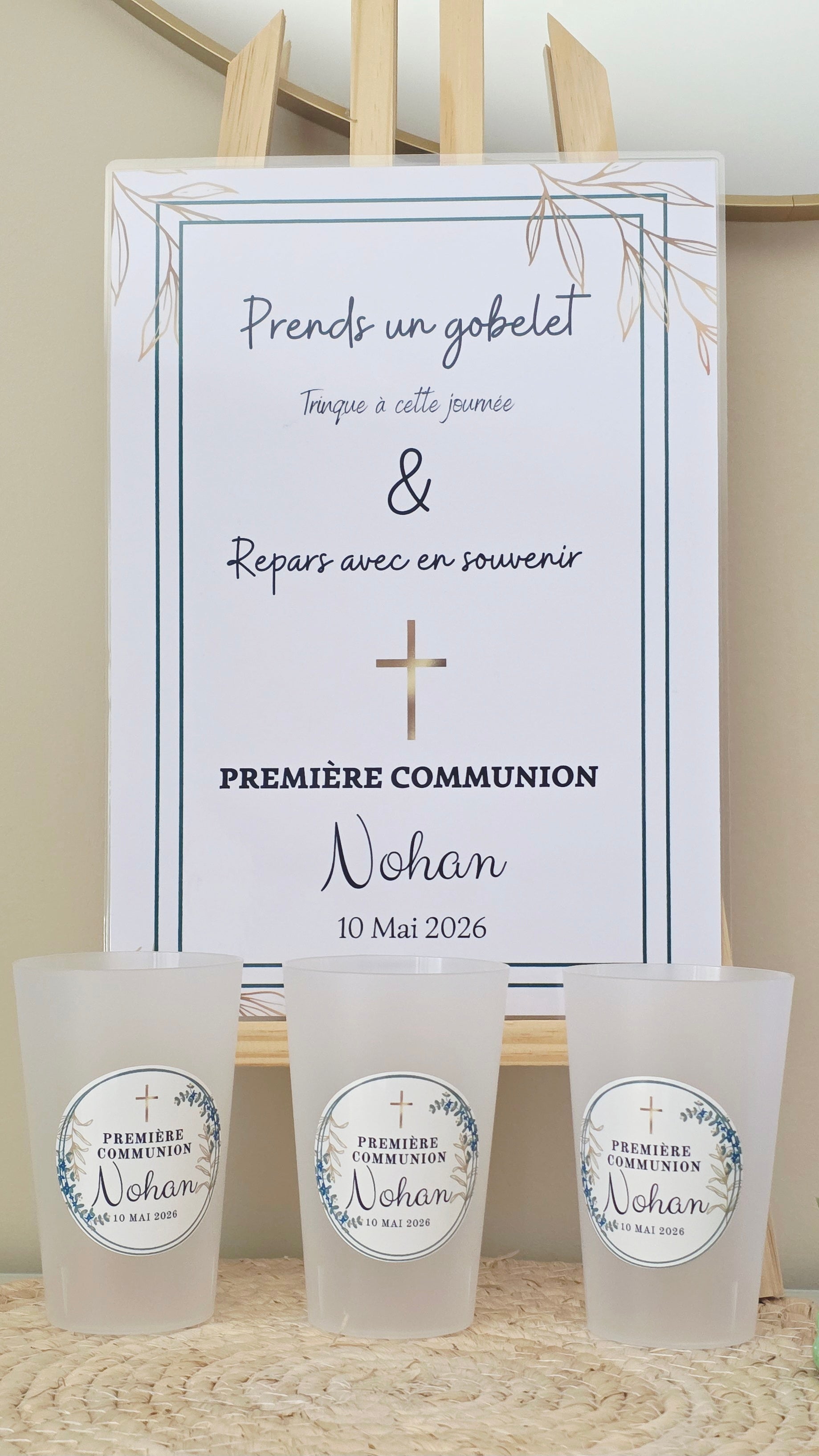 Gobelet personnalisé première communion bleu et or – Gobelet souvenir communion