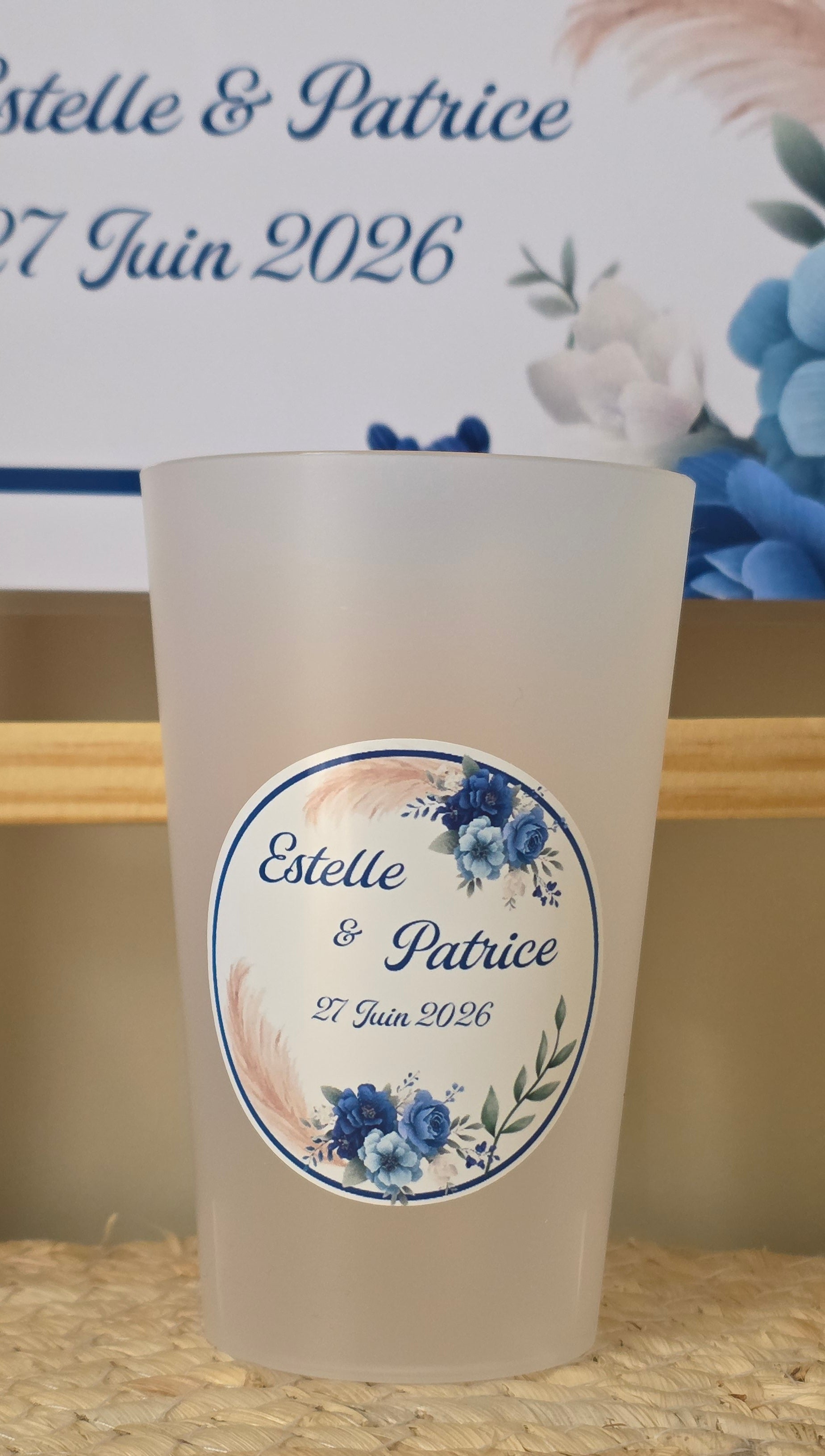 Gobelet mariage personnalisé bleu floral – Gobelet souvenir mariage chic