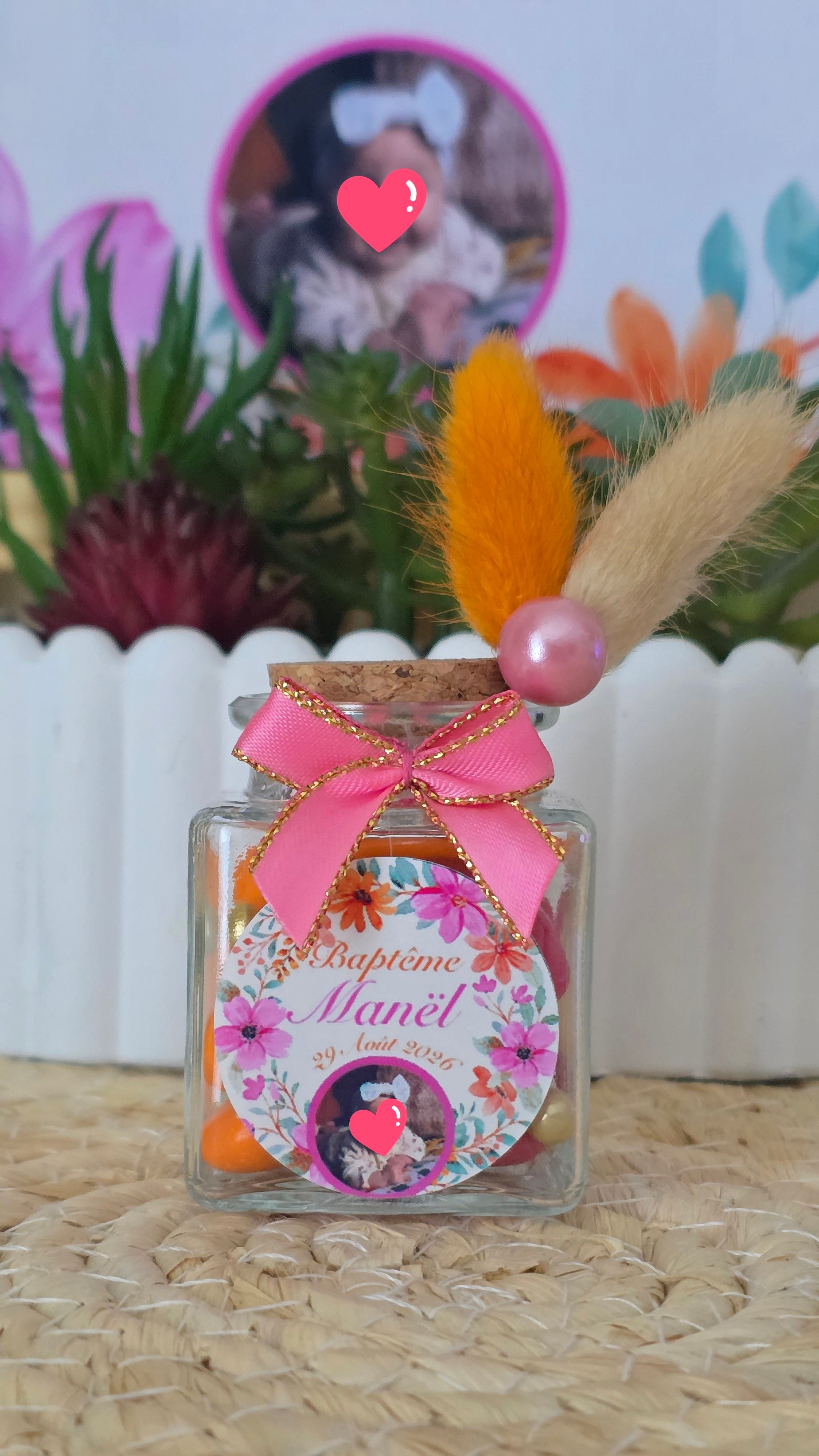 Contenant à dragées floral personnalisé avec photo – Petit pot en verre baptême fille