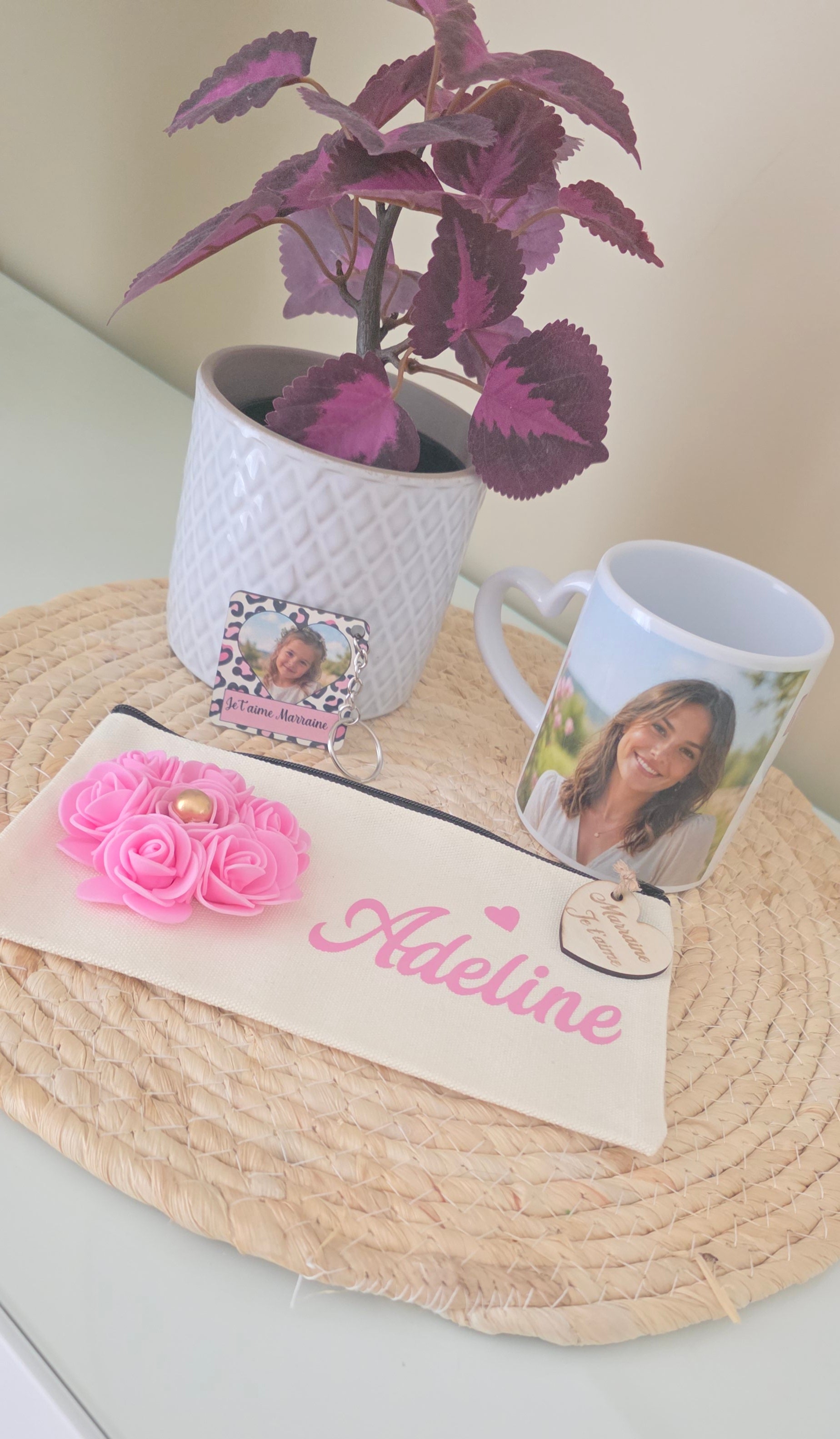 Coffret personnalisĂ© Marraine đ | Mug cĆur, trousse & porte-clĂ©
