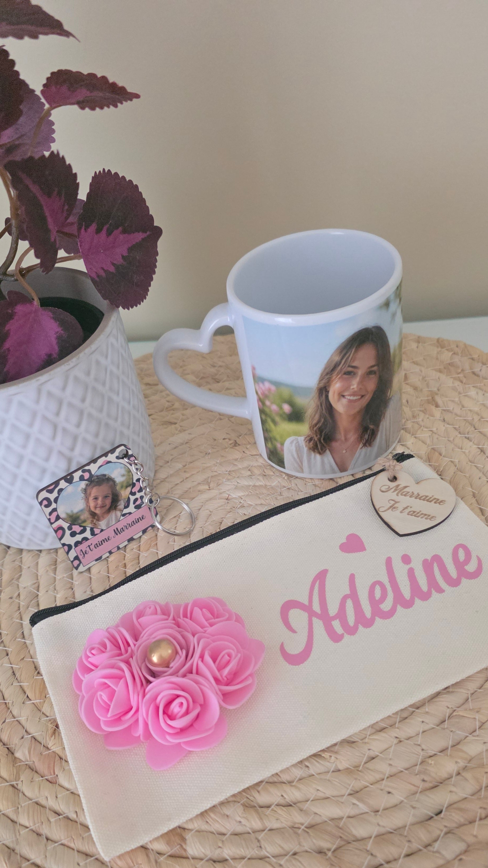 Coffret personnalisĂ© Marraine đ | Mug cĆur, trousse & porte-clĂ©