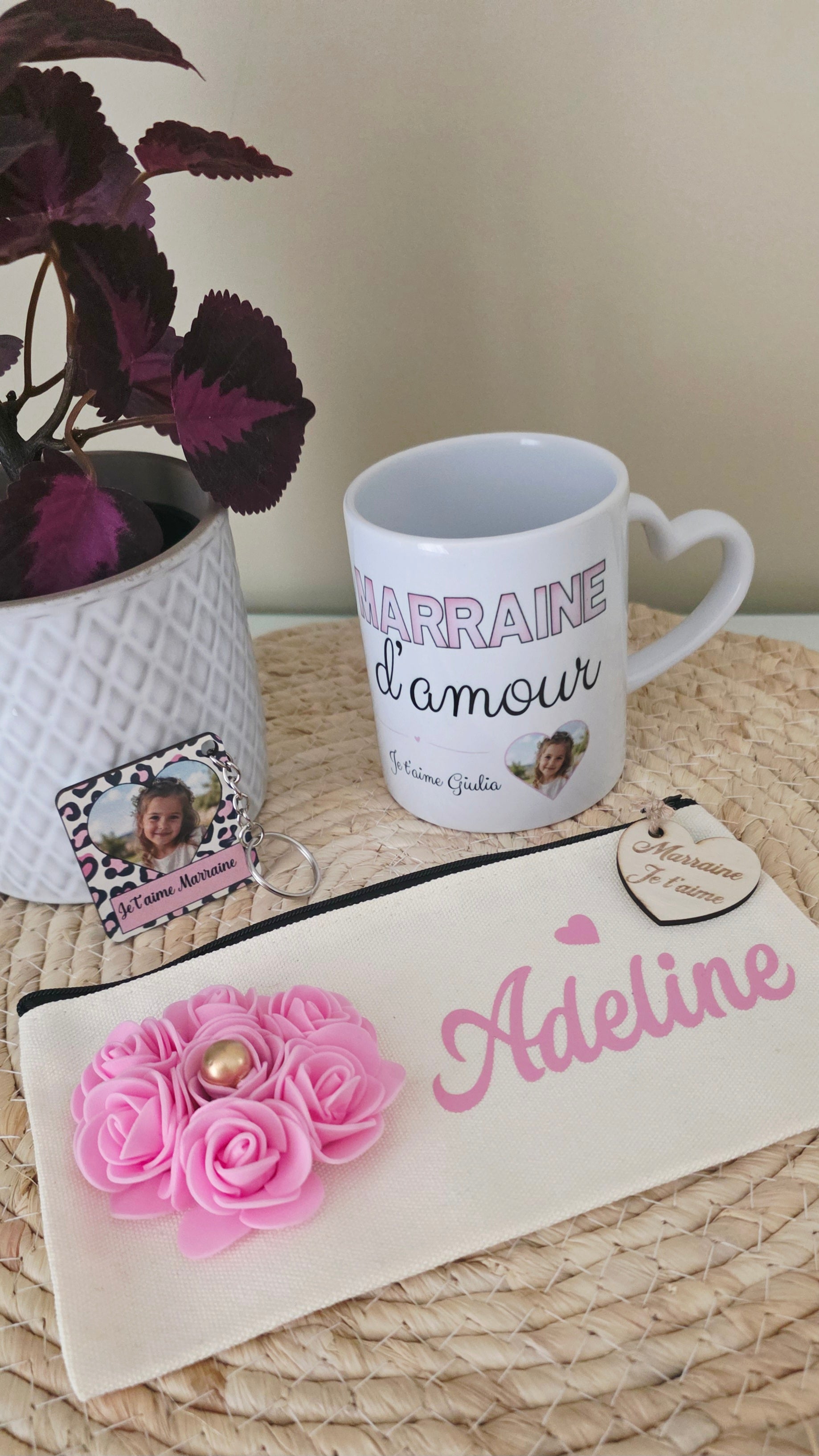 Coffret personnalisĂ© Marraine đ | Mug cĆur, trousse & porte-clĂ©