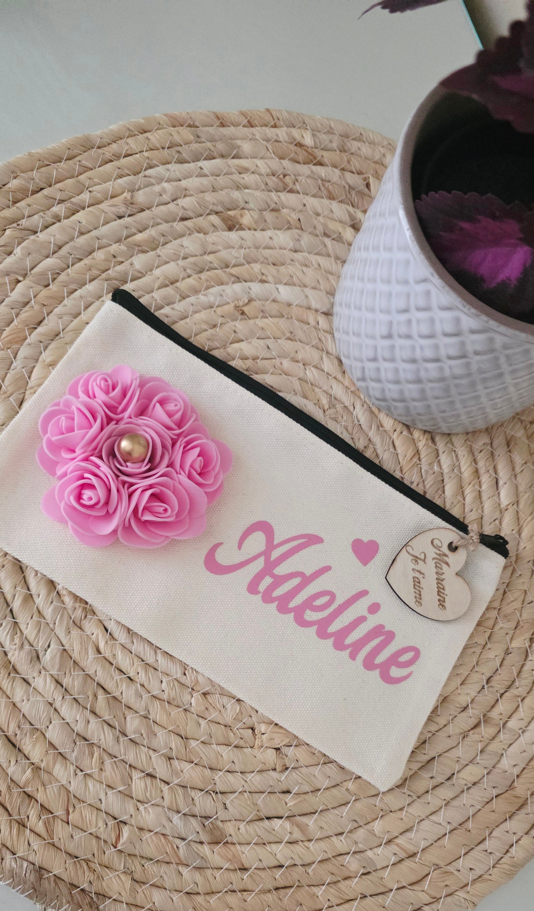 Trousse personnalisée avec médaillon gravé 🌿 | Cadeau marraine