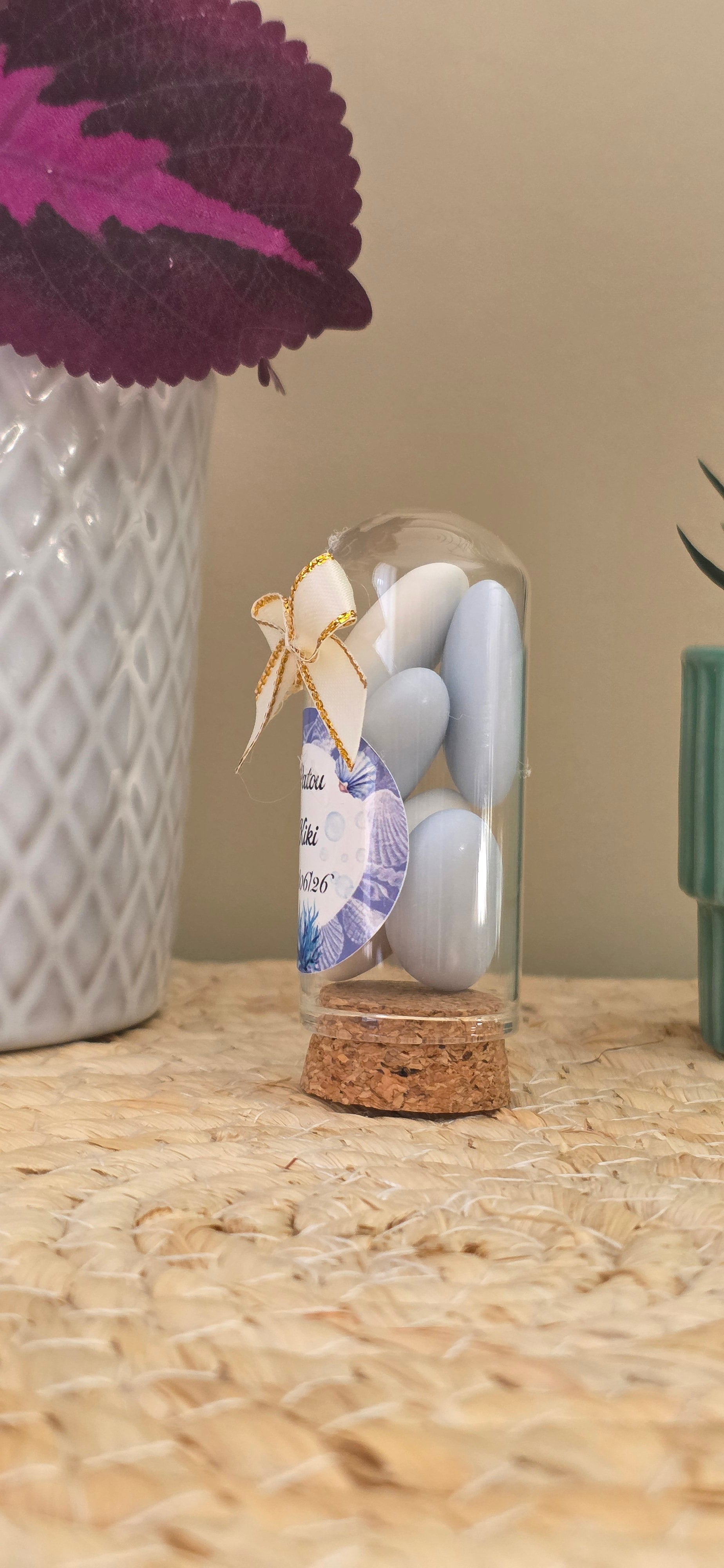 Contenant à dragées baptême marin bleu – Fiole en verre personnalisée 3x7 cm