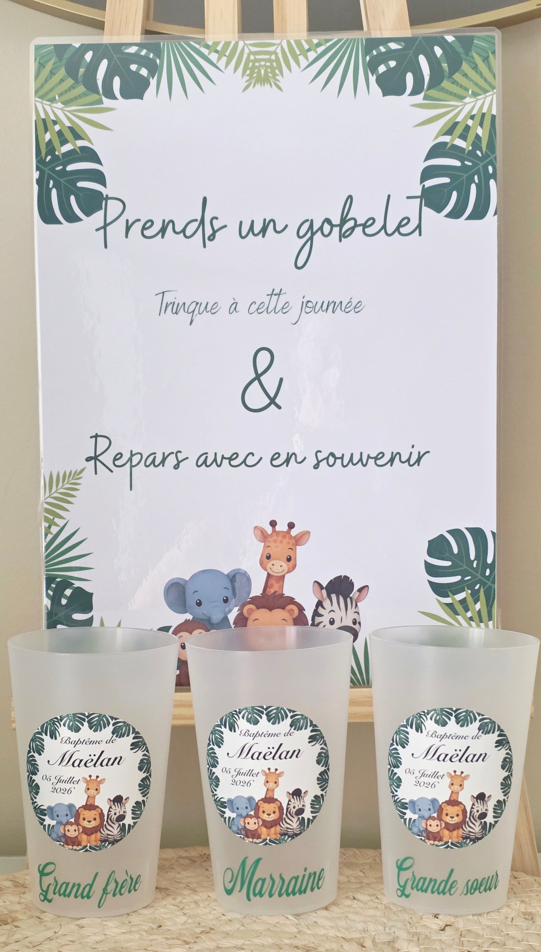 Gobelet baptême jungle personnalisé – Gobelet givré réutilisable avec animaux de la savane