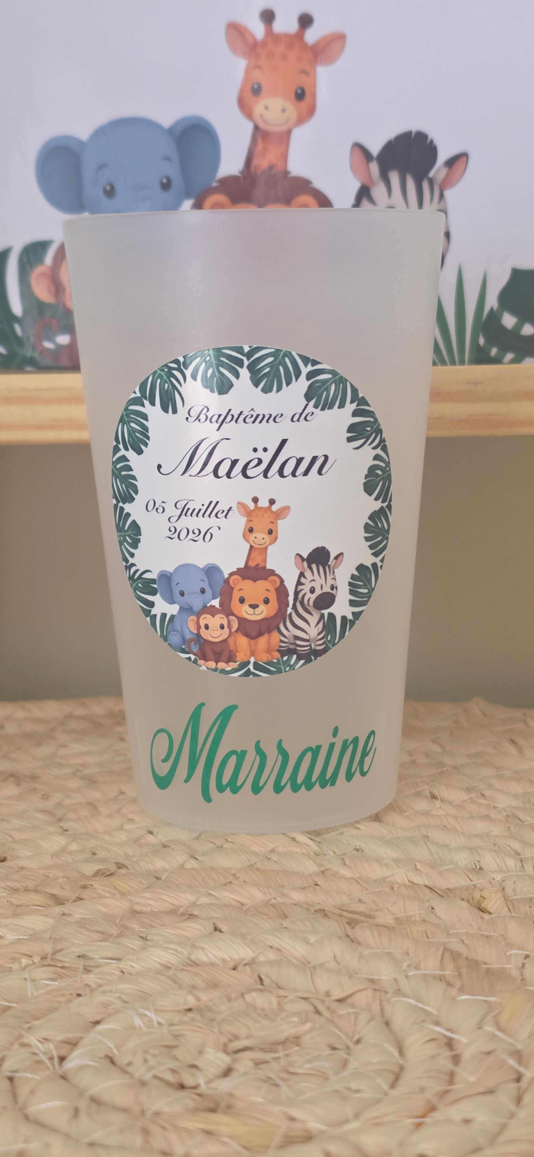 Gobelet baptême jungle personnalisé – Gobelet givré réutilisable avec animaux de la savane