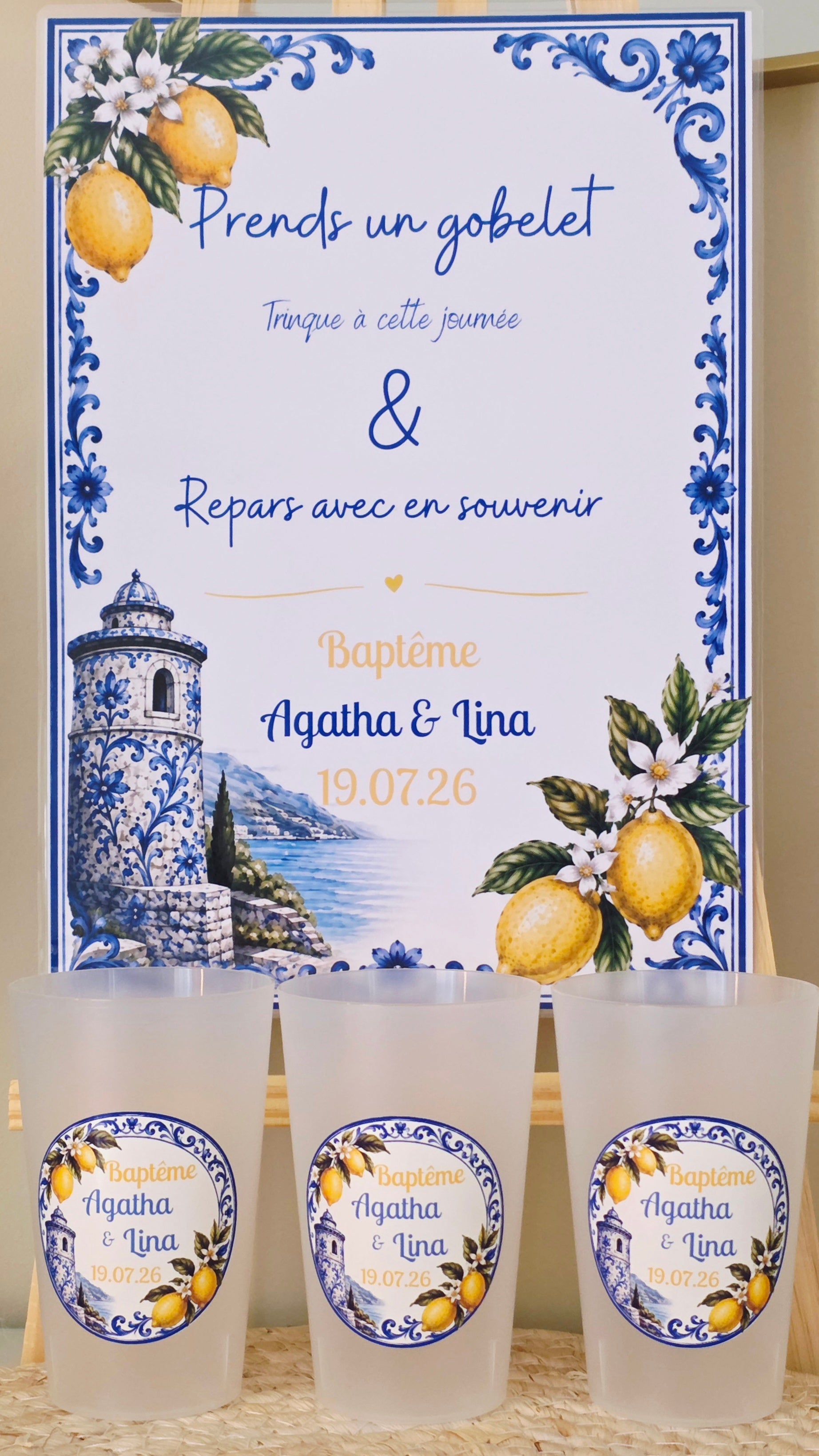 Gobelet baptême Dolce Vita personnalisé – Gobelet givré réutilisable thème citron italien