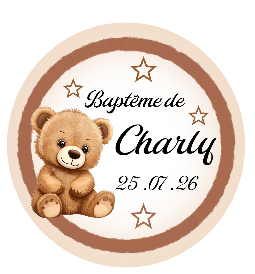 Planche de 12 Stickers Baptême Ourson Personnalisés – 6 cm