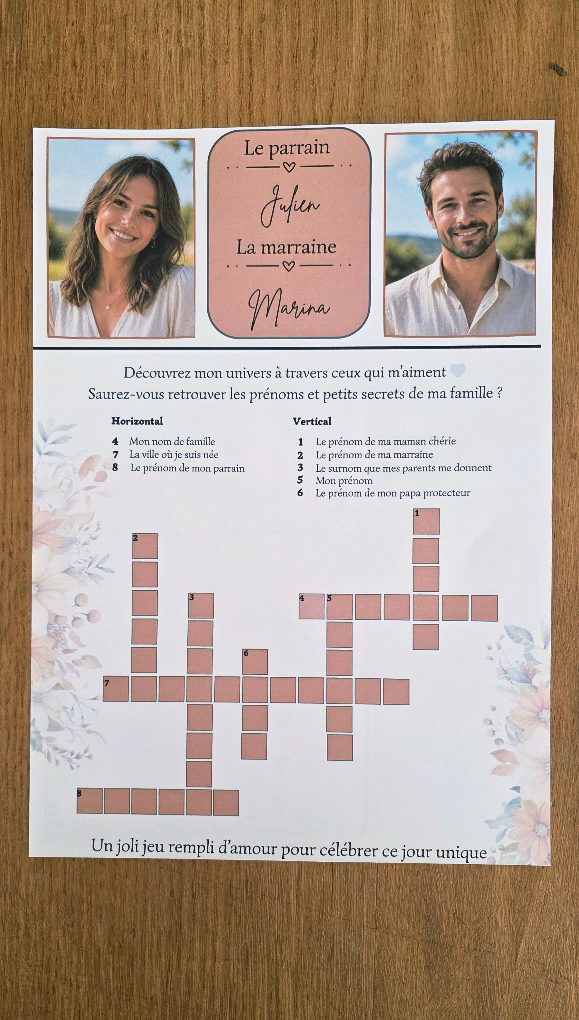 Gazette de baptême personnalisée A4 recto verso – Thème floral terracotta & colombe 🌼