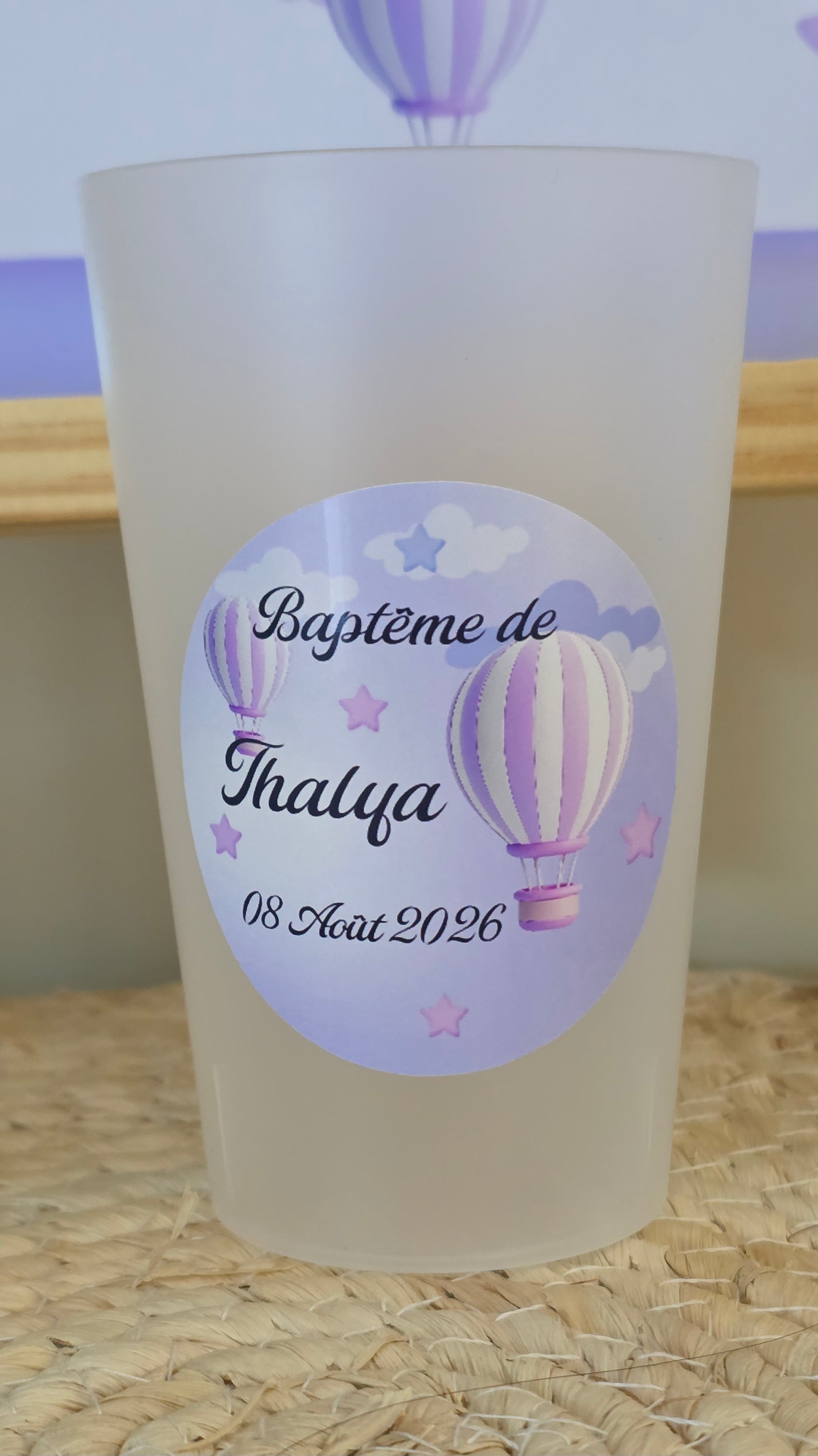 🎈 Gobelet baptême personnalisé – Montgolfière lilas