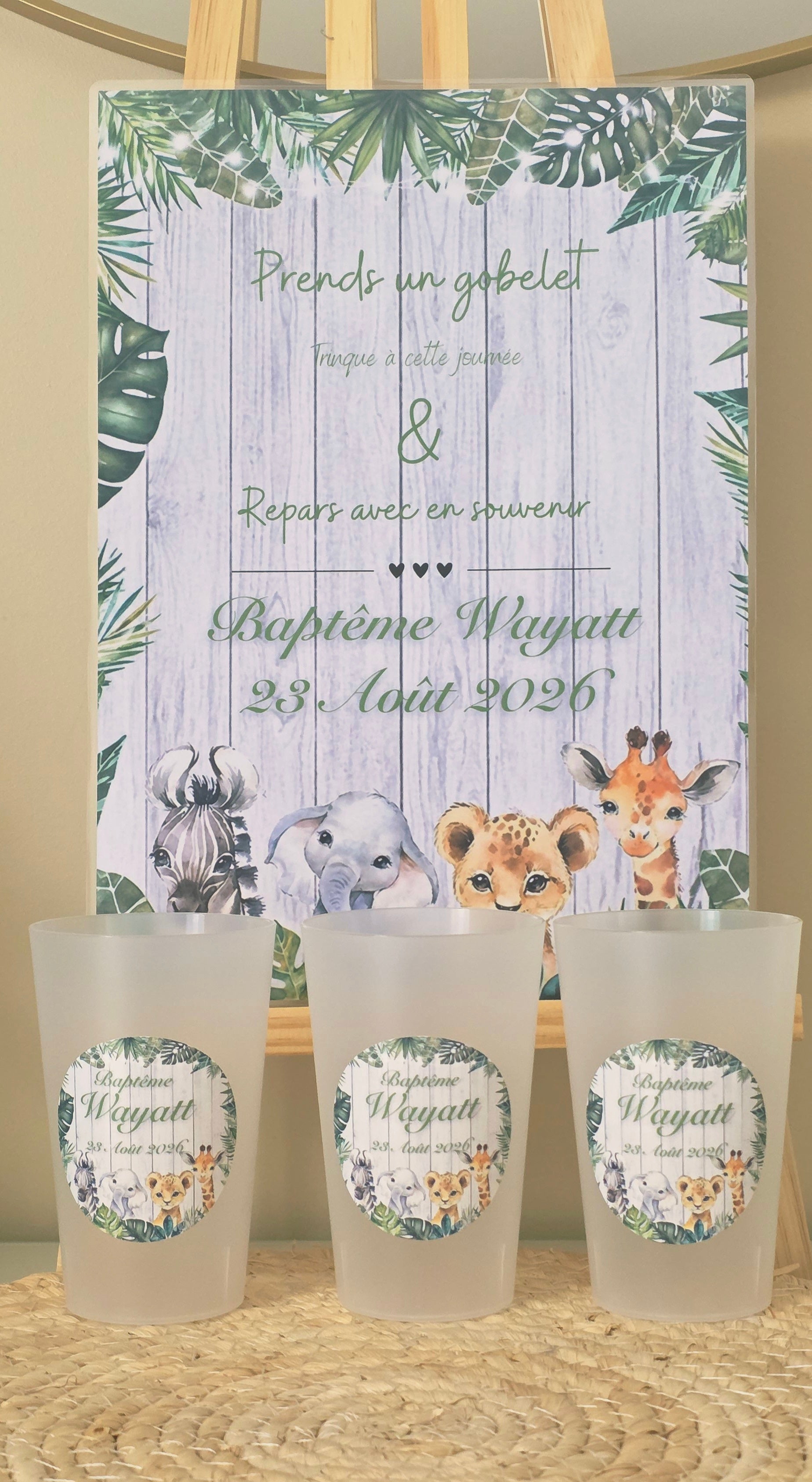 Gobelet Baptême Personnalisé – Jungle Douce & Animaux Aquarelle (25 cl
