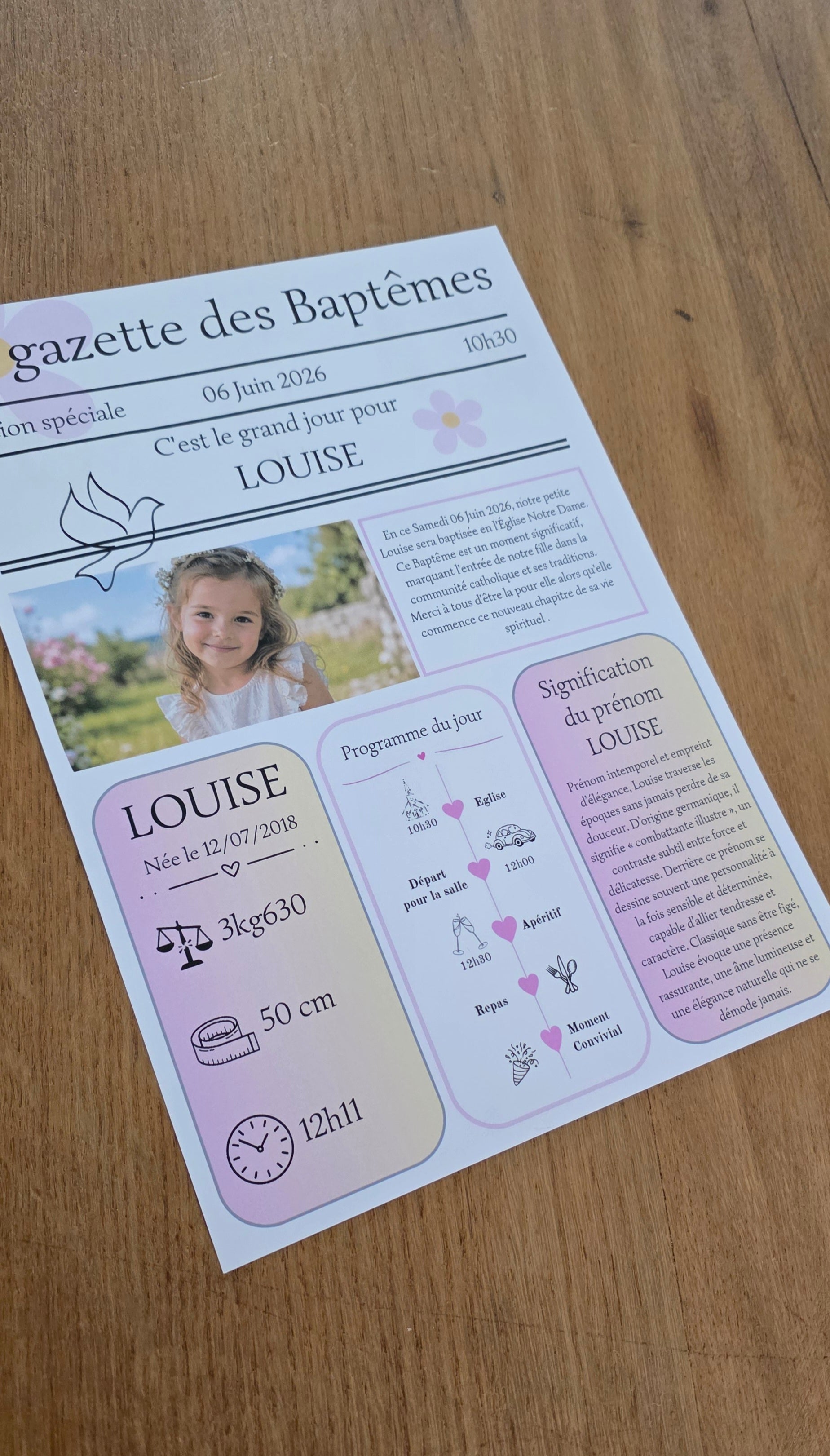 Gazette de Baptême personnalisée A4 recto verso – Souvenir unique & élégant ✨