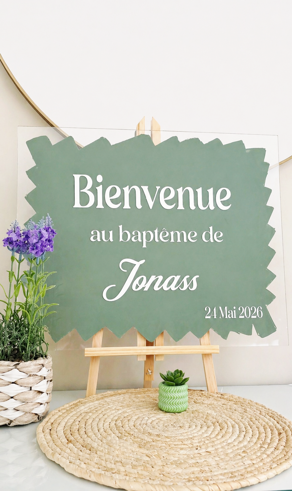 Panneau de Bienvenue Baptême Vert Sauge en Plexiglas Personnalisé – 40x50 cm