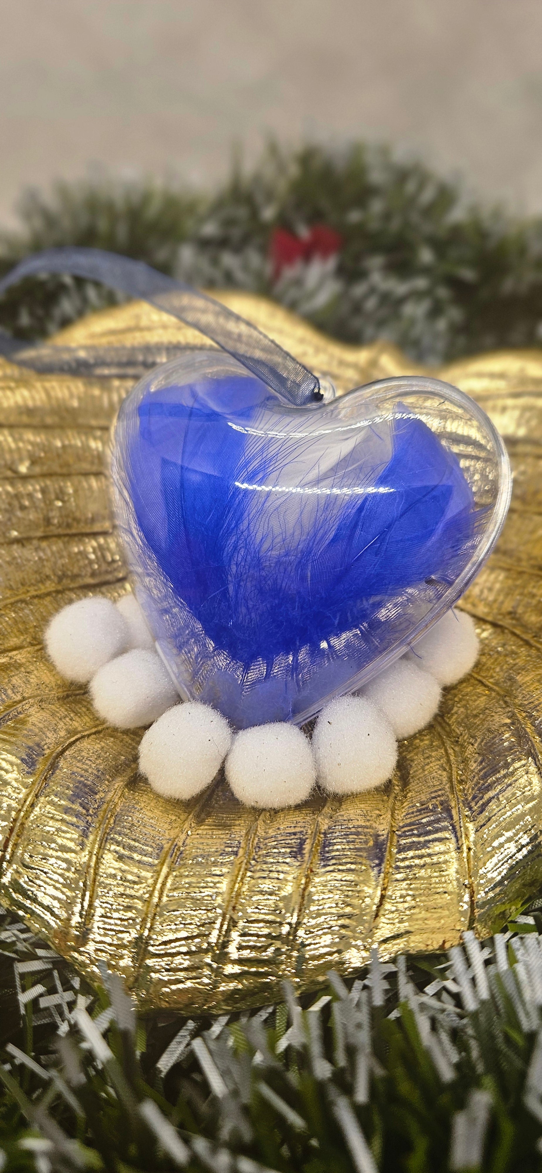 Boule coeur plume bleu