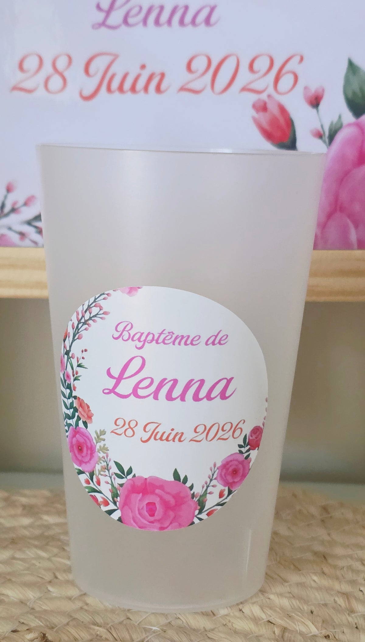 Gobelet baptême personnalisé floral rose – Gobelet ivoire réutilisable avec prénom