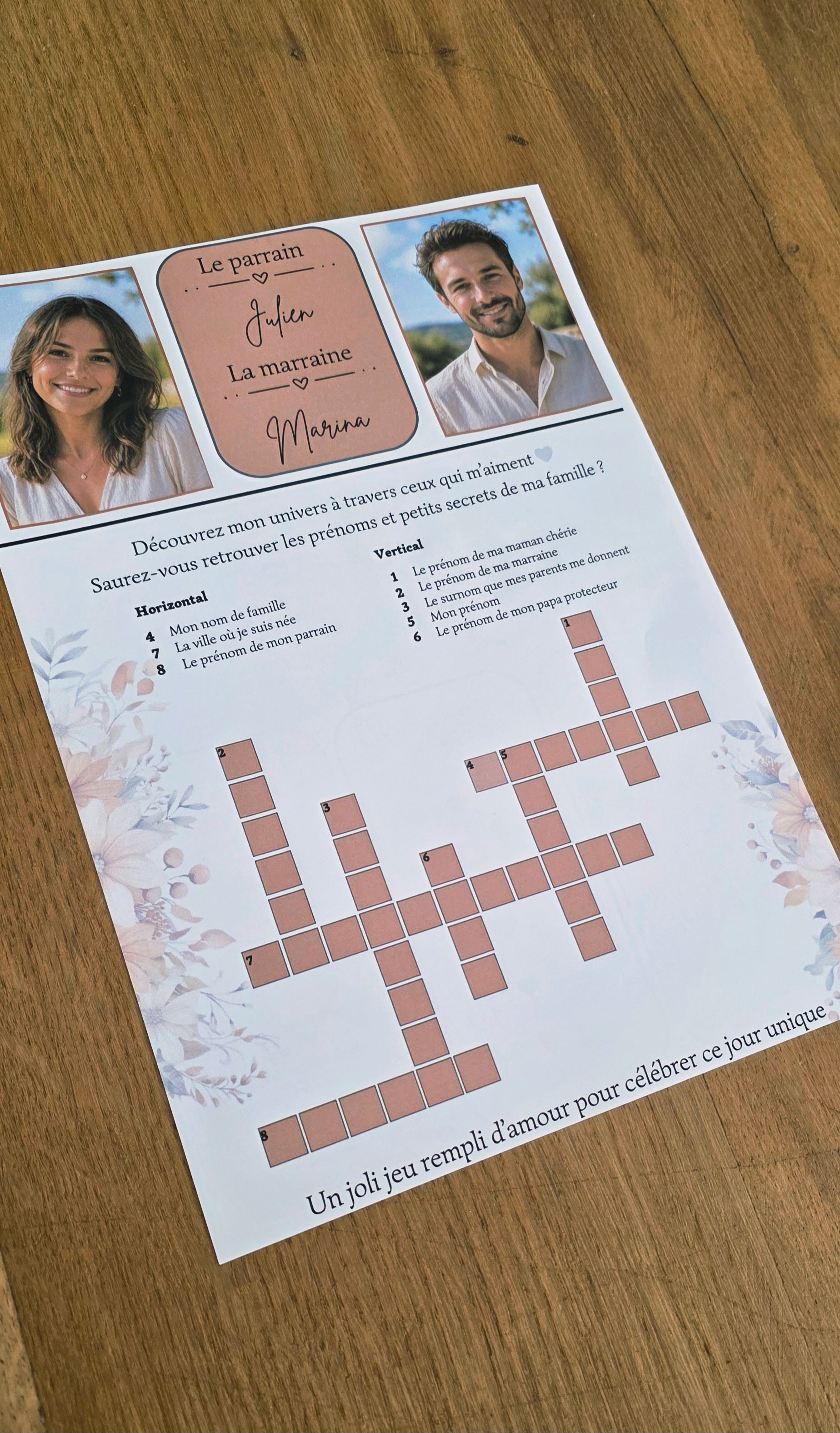 Gazette de baptême personnalisée A4 recto verso – Thème floral terracotta & colombe 🌼