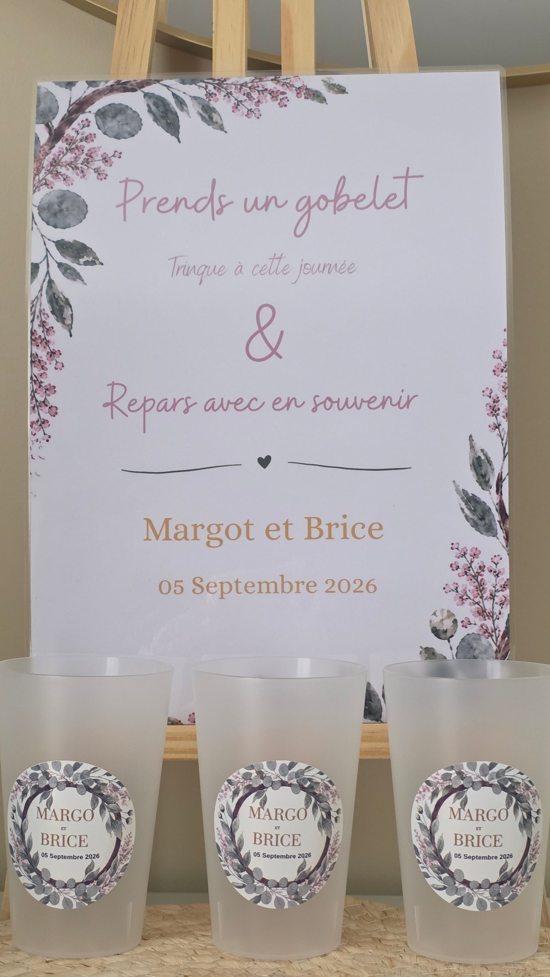 Gobelet mariage personnalisé eucalyptus – Gobelet réutilisable avec prénoms et date